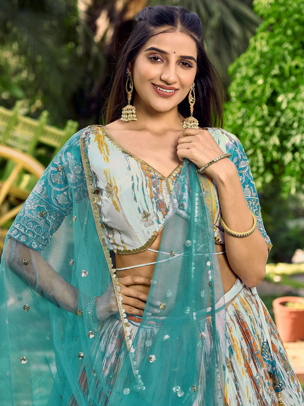 Odette Teal Chinon Embellished Semi Stitched Lehenga With Unstitched Blouse For Women - Image 5