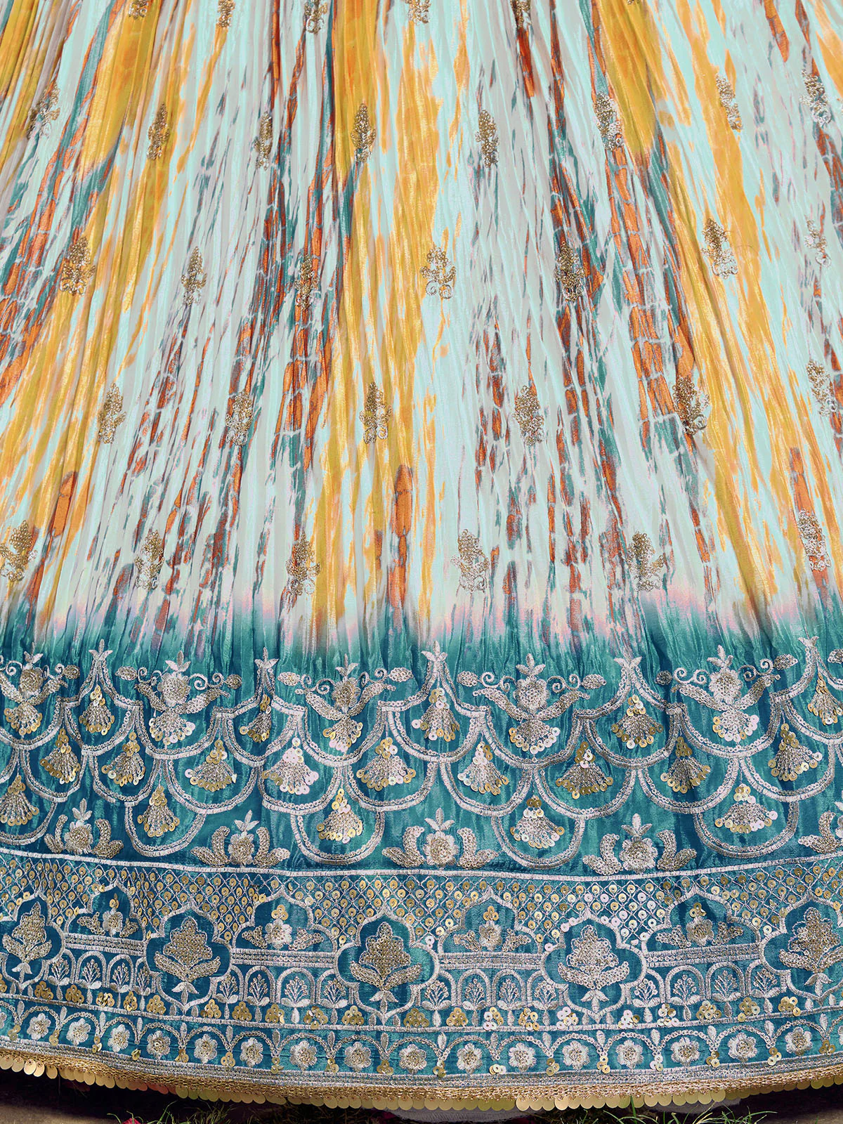 Odette Teal Chinon Embellished Semi Stitched Lehenga With Unstitched Blouse For Women - Image 6