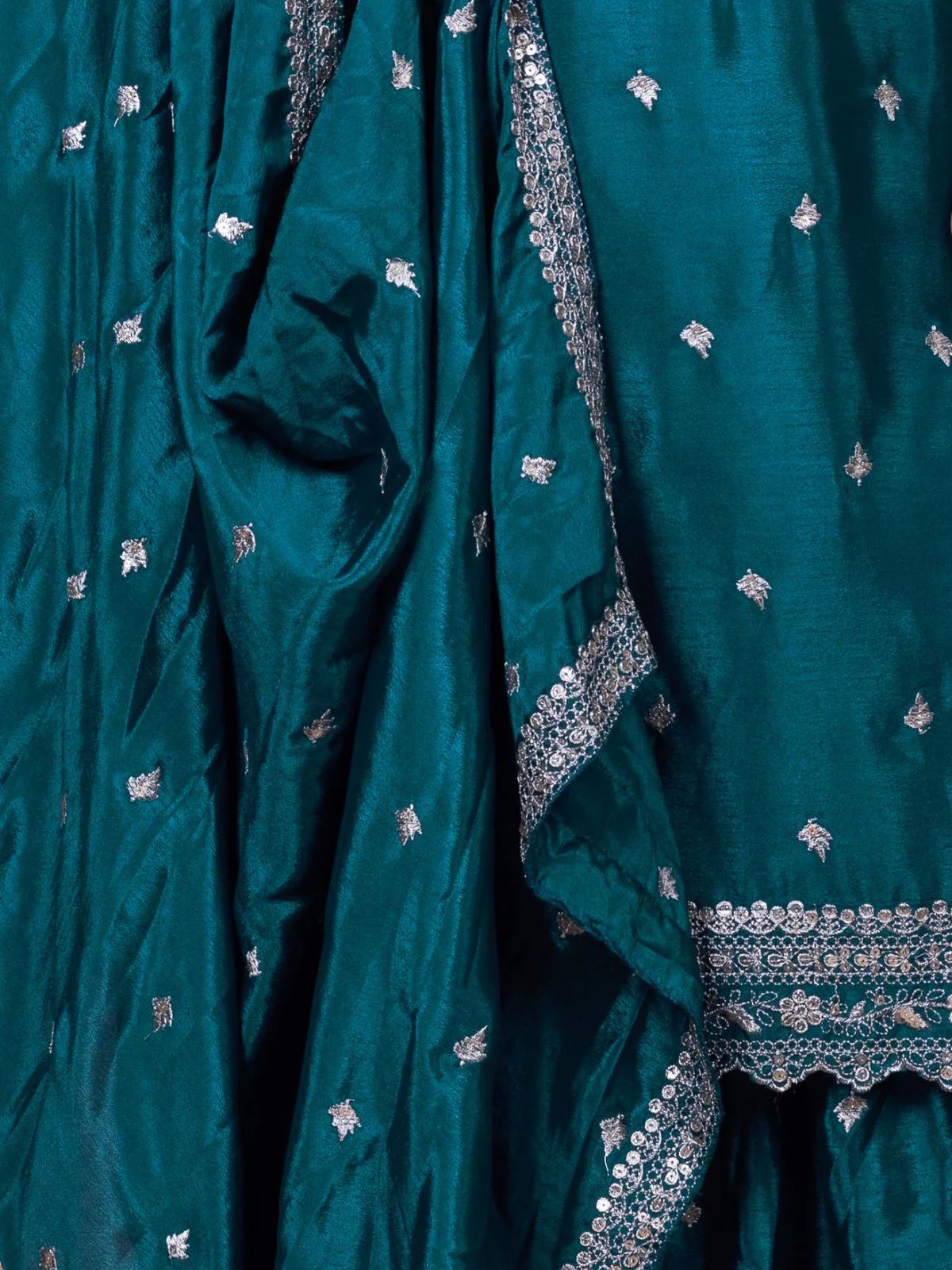 Odette Teal Chinon Embroidered & Cutwork Kurta Set For Women - Image 4