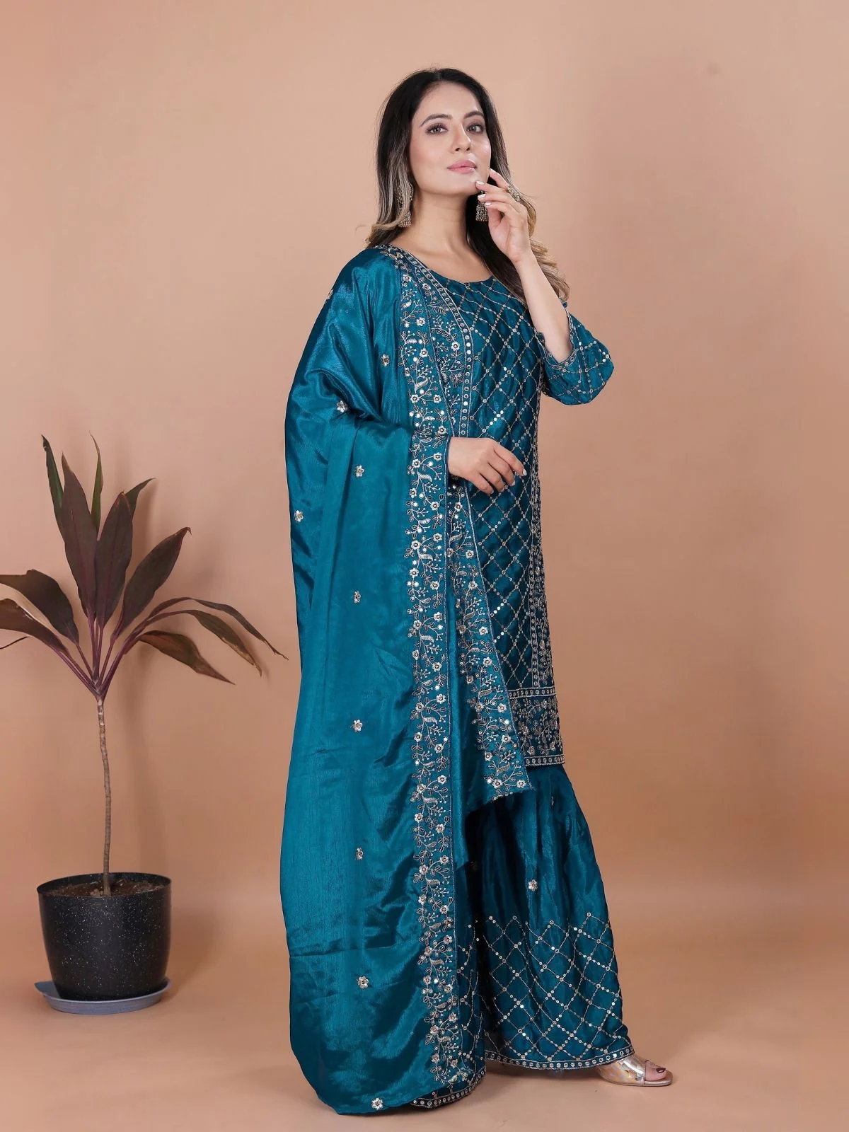 Odette Teal Chinon Embroidered Stitched Kurta Set For Women - Image 3