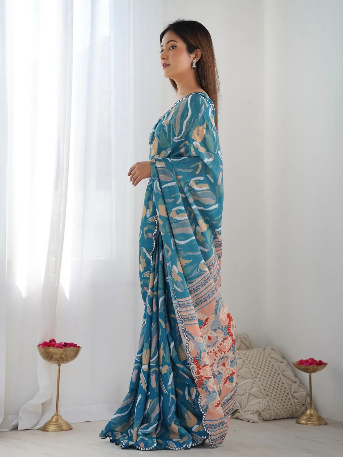 Odette Teal Chinon Printed Saree With Unstitched Blouse For Women - Image 3