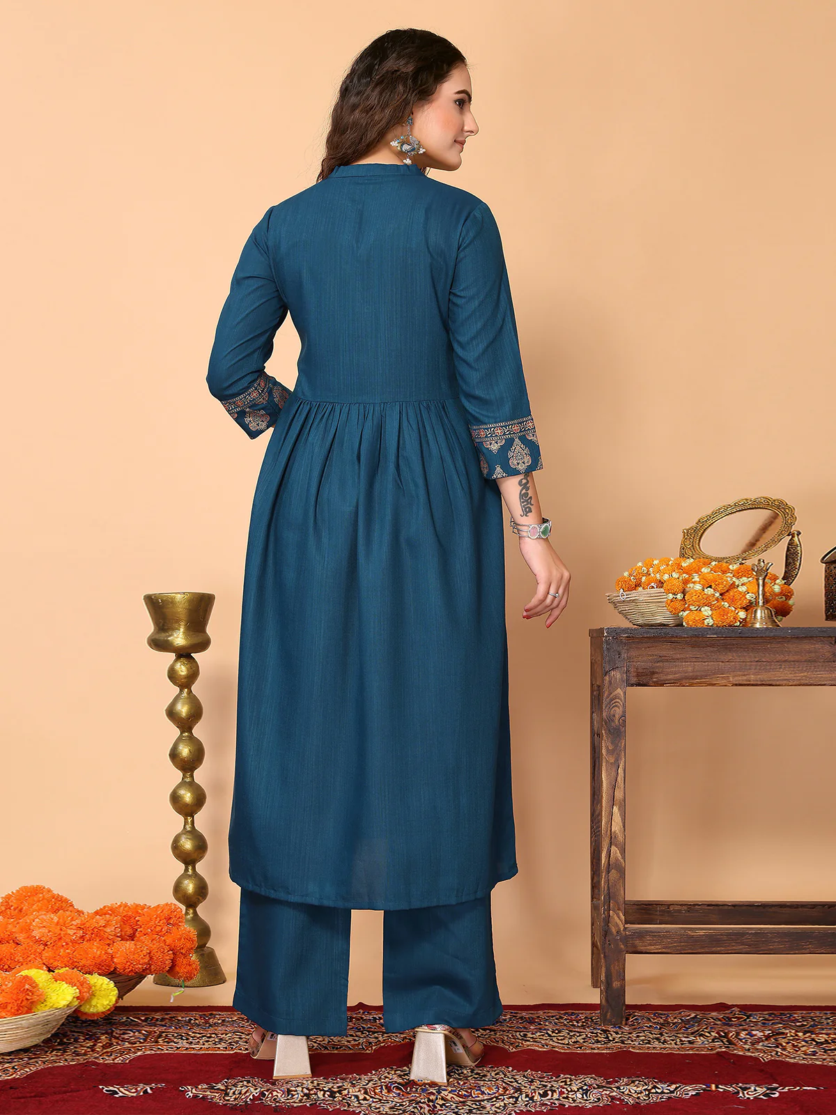 Odette Teal Cotton Blend Printed A Line Kurta Set For Women - Image 3
