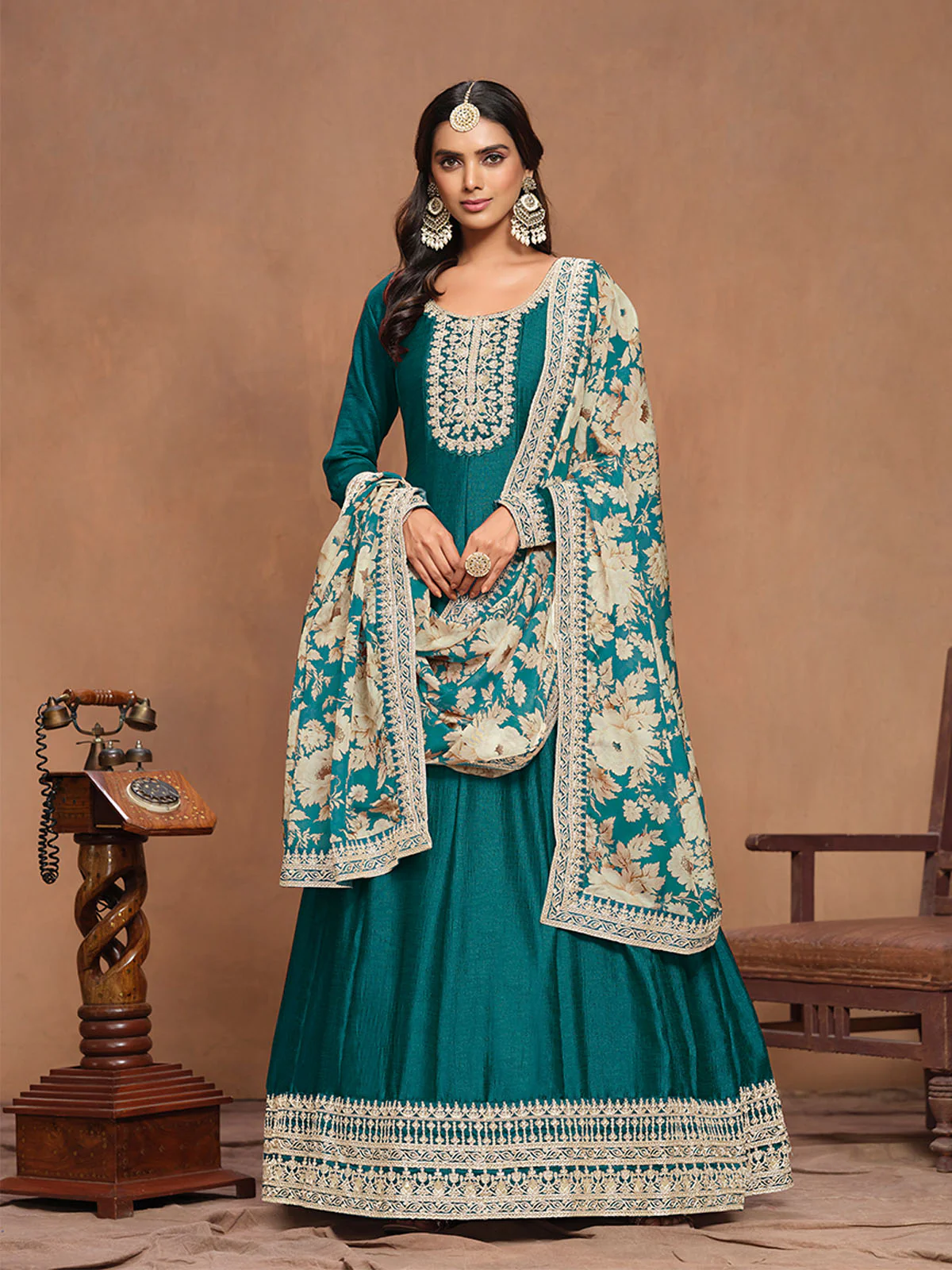 Odette Teal Embroidered Art Silk Semi Stitched Gown With Dupatta For Women - Image 2