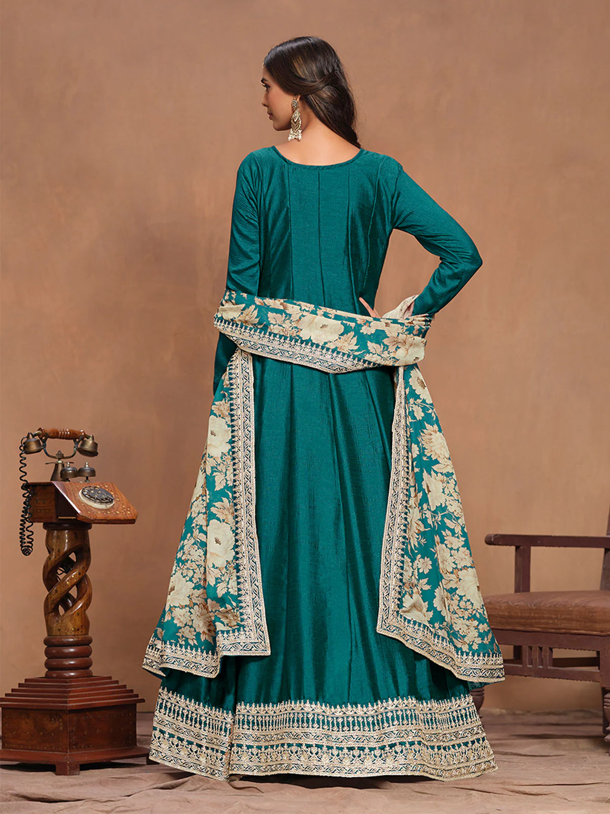 Odette Teal Embroidered Art Silk Semi Stitched Gown With Dupatta For Women - Image 4