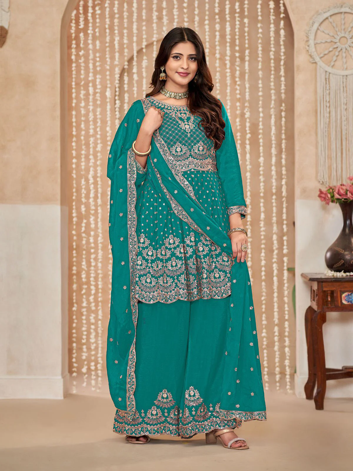 Odette Teal Embroidered Chinon Semi Stitched Kurta Set With Dupatta For Women - Image 2