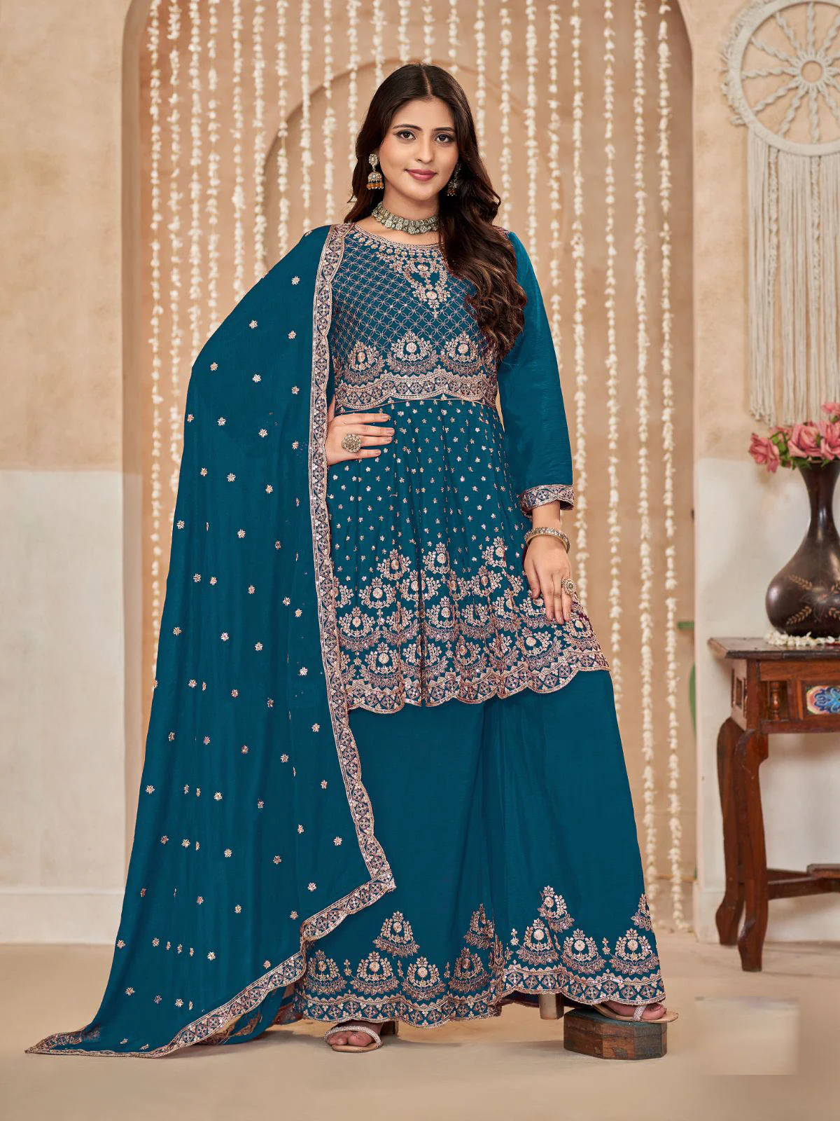 Odette Teal Embroidered Chinon Semi Stitched Kurta Set With Dupatta For Women