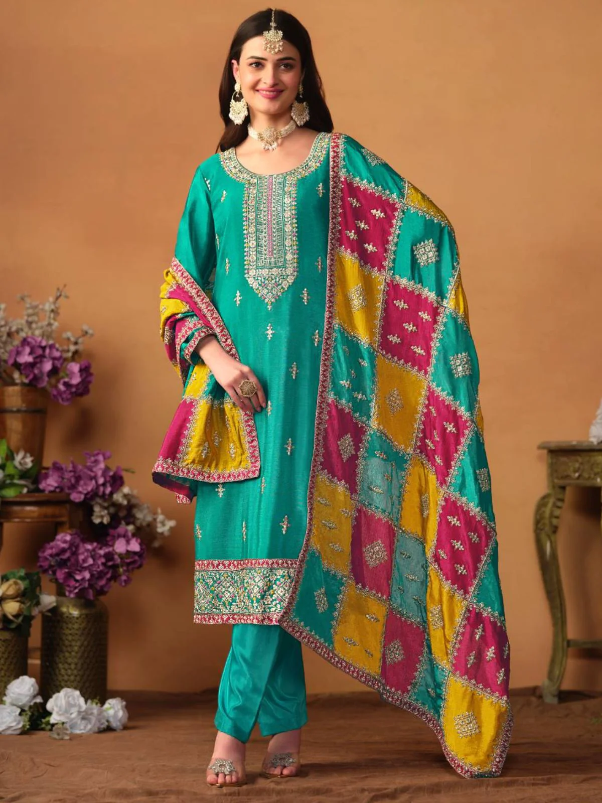 Odette Teal Embroidered Chinon Silk Unstitched Kurta Set For Women - Image 2