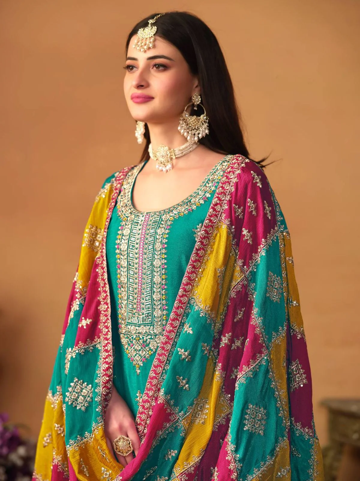 Odette Teal Embroidered Chinon Silk Unstitched Kurta Set For Women - Image 4
