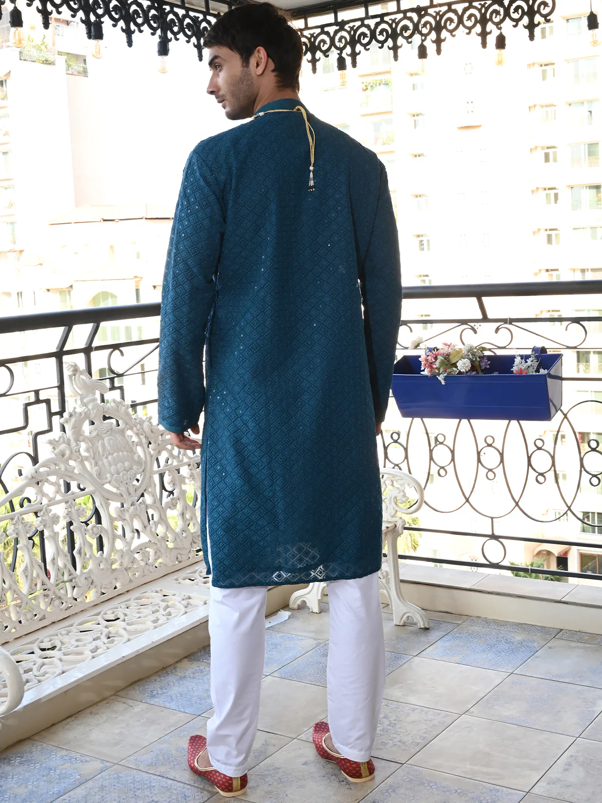 Odette Teal Embroidered Cotton Kurta Set For Men - Image 4
