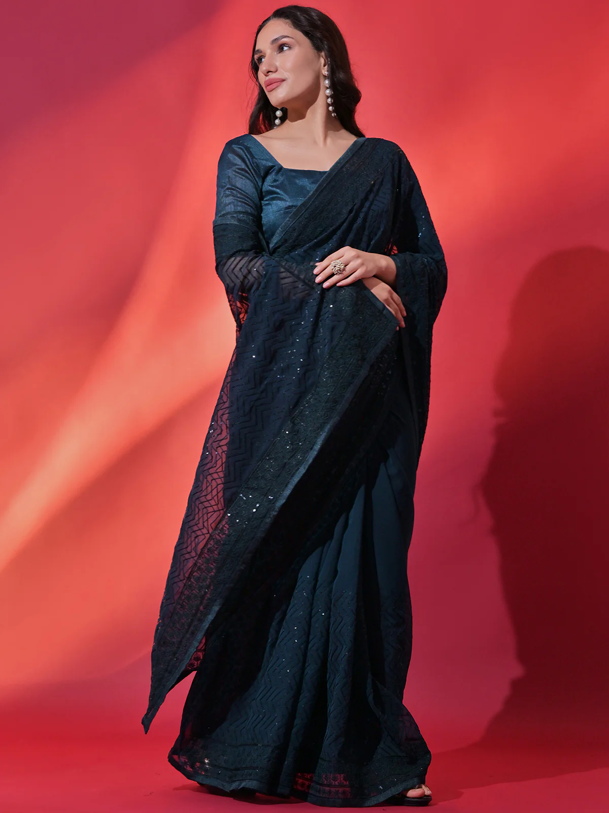 Odette Teal Embellished Georgette Saree With Unstitched Blouse For Women - Image 2