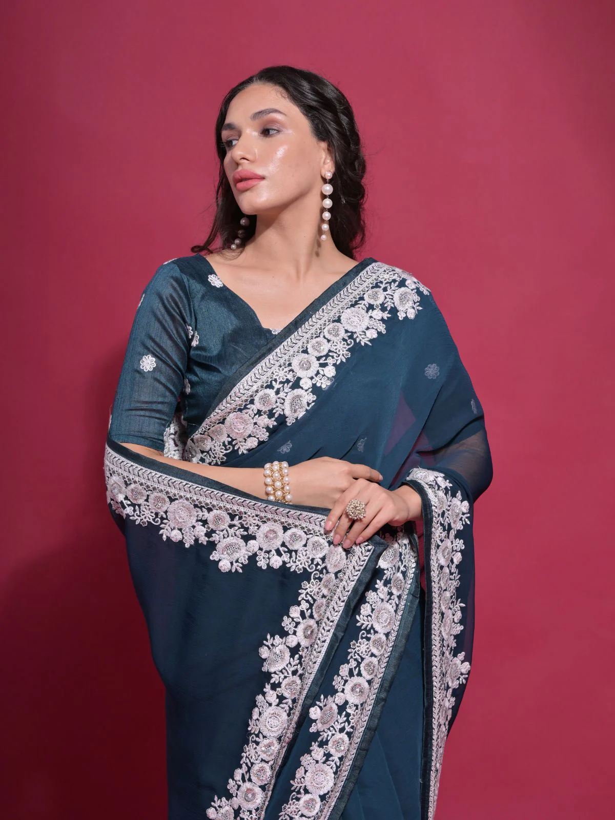 Odette Teal Embroidered Georgette Saree With Unstitched Blouse For Women - Image 4