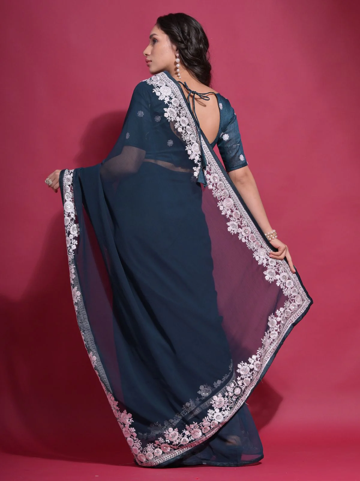 Odette Teal Embroidered Georgette Saree With Unstitched Blouse For Women - Image 5
