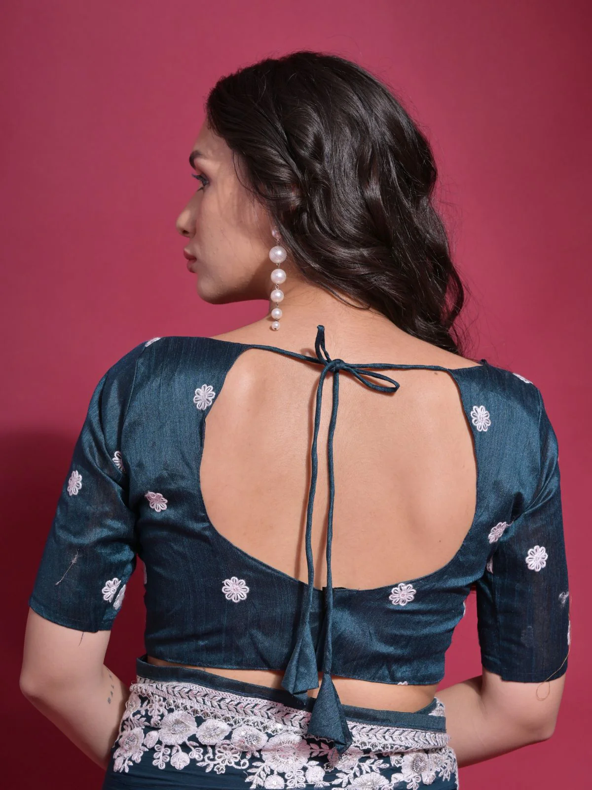 Odette Teal Embroidered Georgette Saree With Unstitched Blouse For Women - Image 7