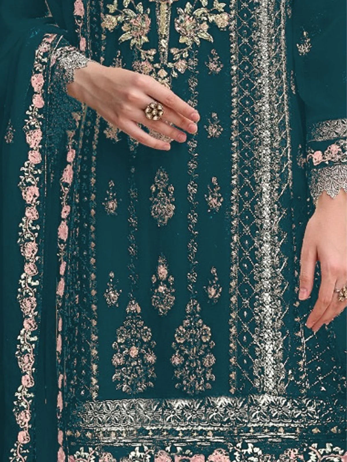 Odette Teal Embroidered Georgette Semi-Stitched Kurta Set For Women - Image 3