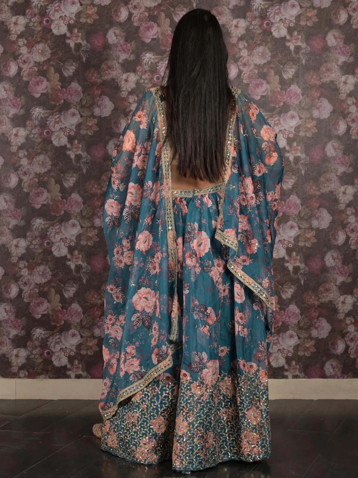 Odette Teal Embroidered Lehenga Set With Dupatta And Unstitched Blouse For Women - Image 4