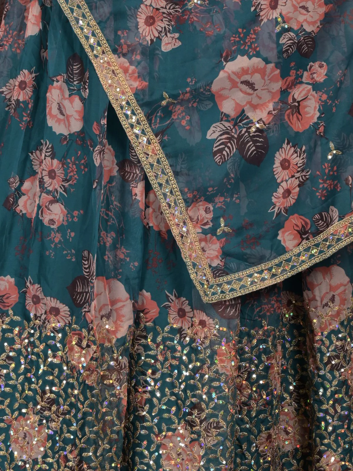 Odette Teal Embroidered Lehenga Set With Dupatta And Unstitched Blouse For Women - Image 5