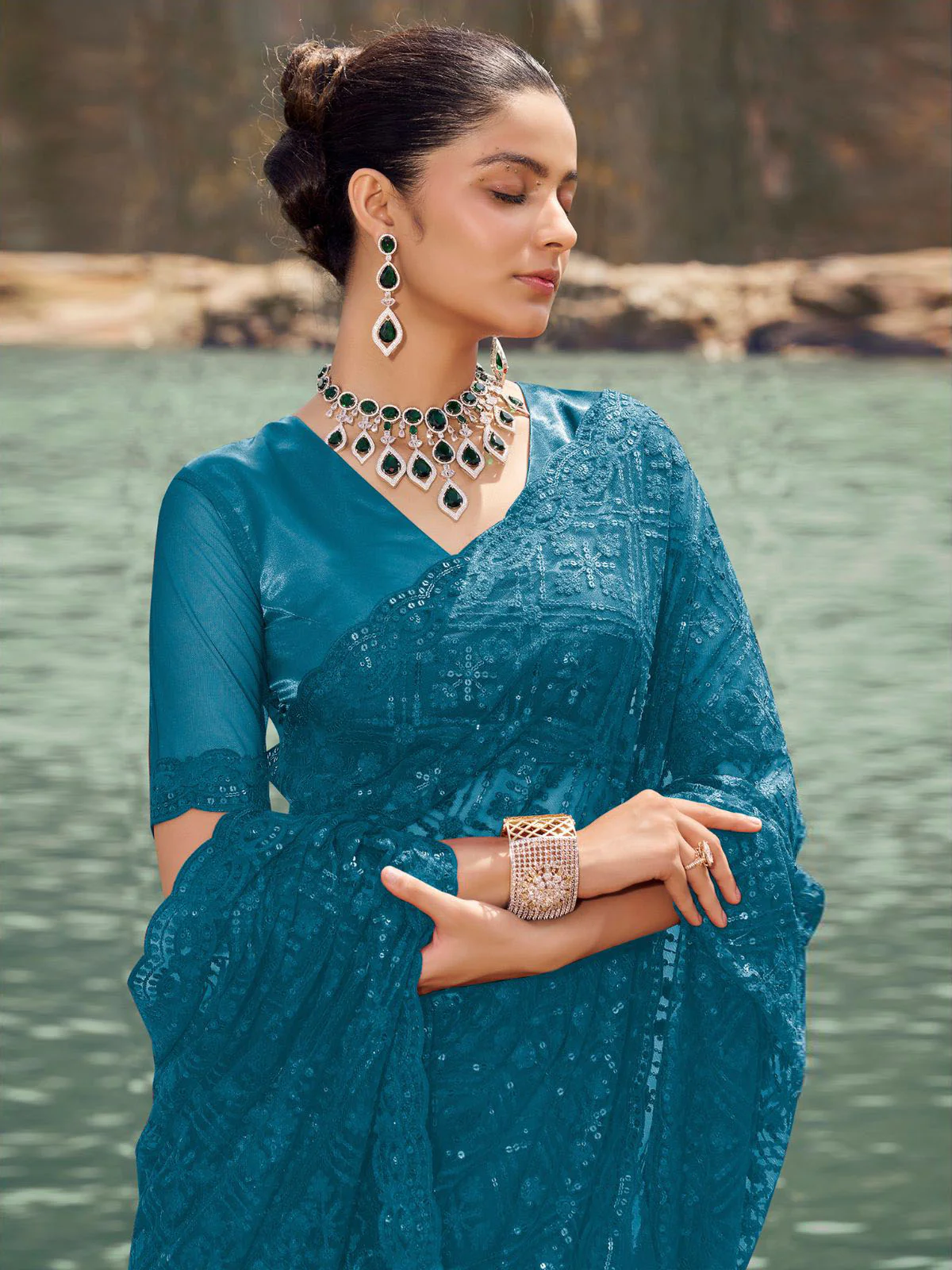Odette Teal Embroidered Net Saree With Unstitched Blouse For Women - Image 2