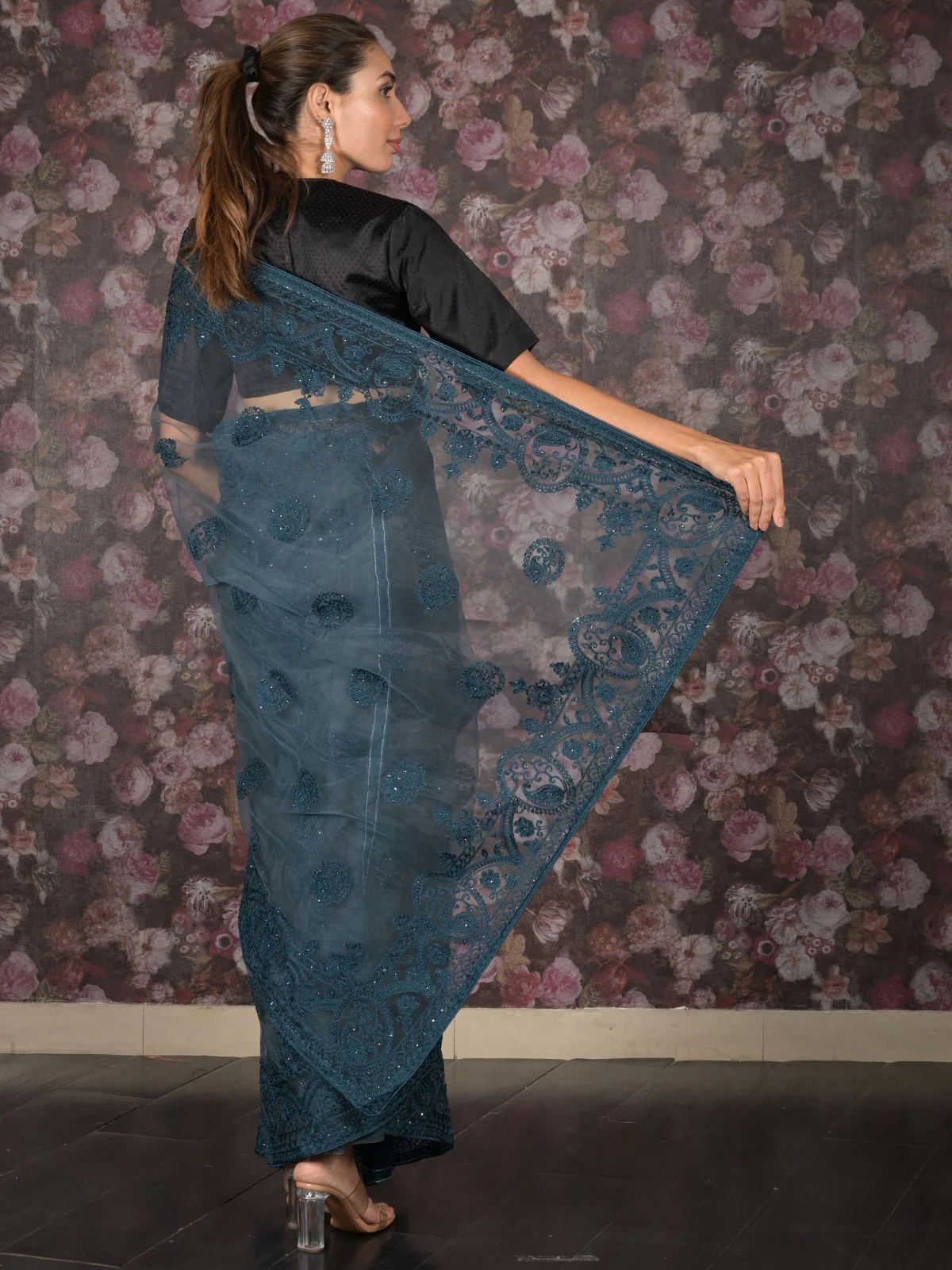 Odette Teal Embroidered Net Saree with Unstitched Blouse for Women - Image 4
