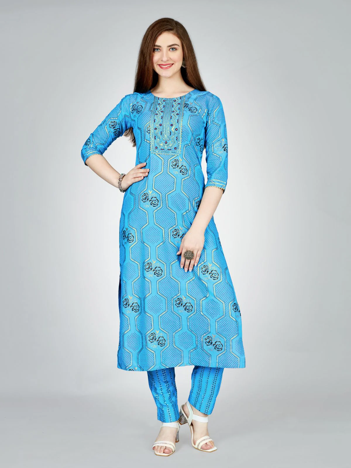 Odette Blue Embroidered Rayon Stitched Kurta Set For Women - Image 2