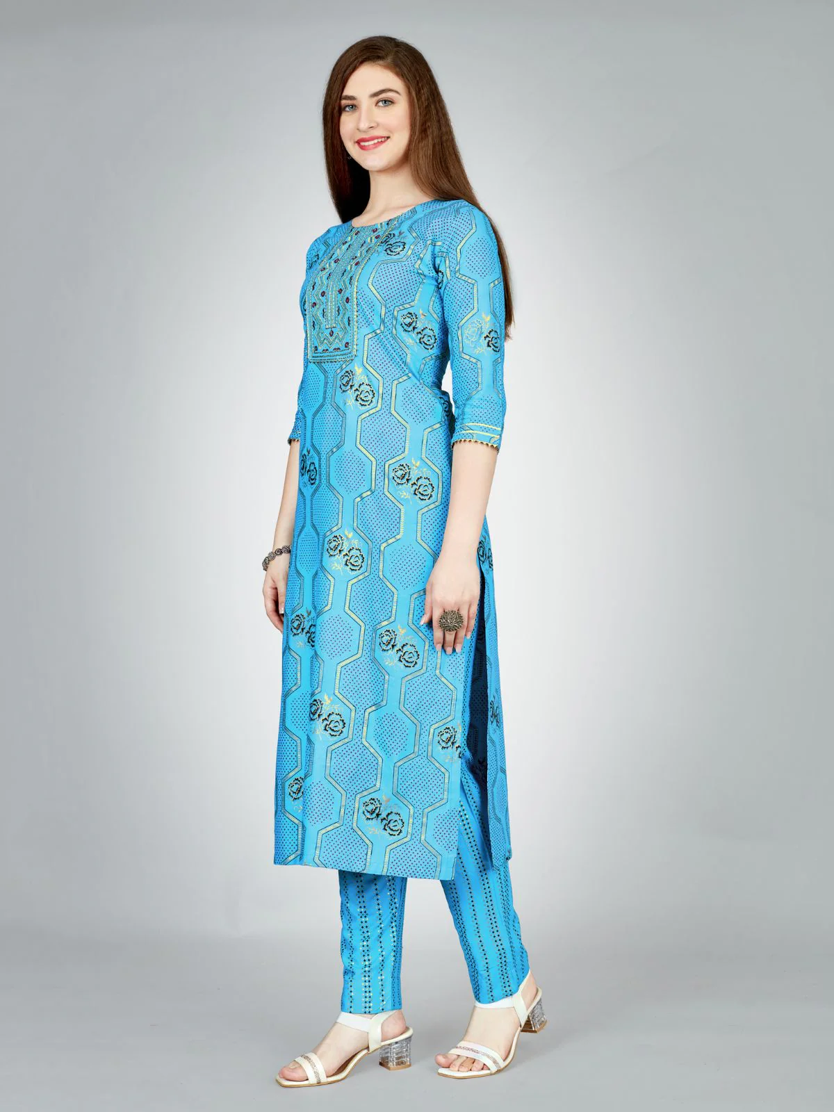 Odette Blue Embroidered Rayon Stitched Kurta Set For Women - Image 3