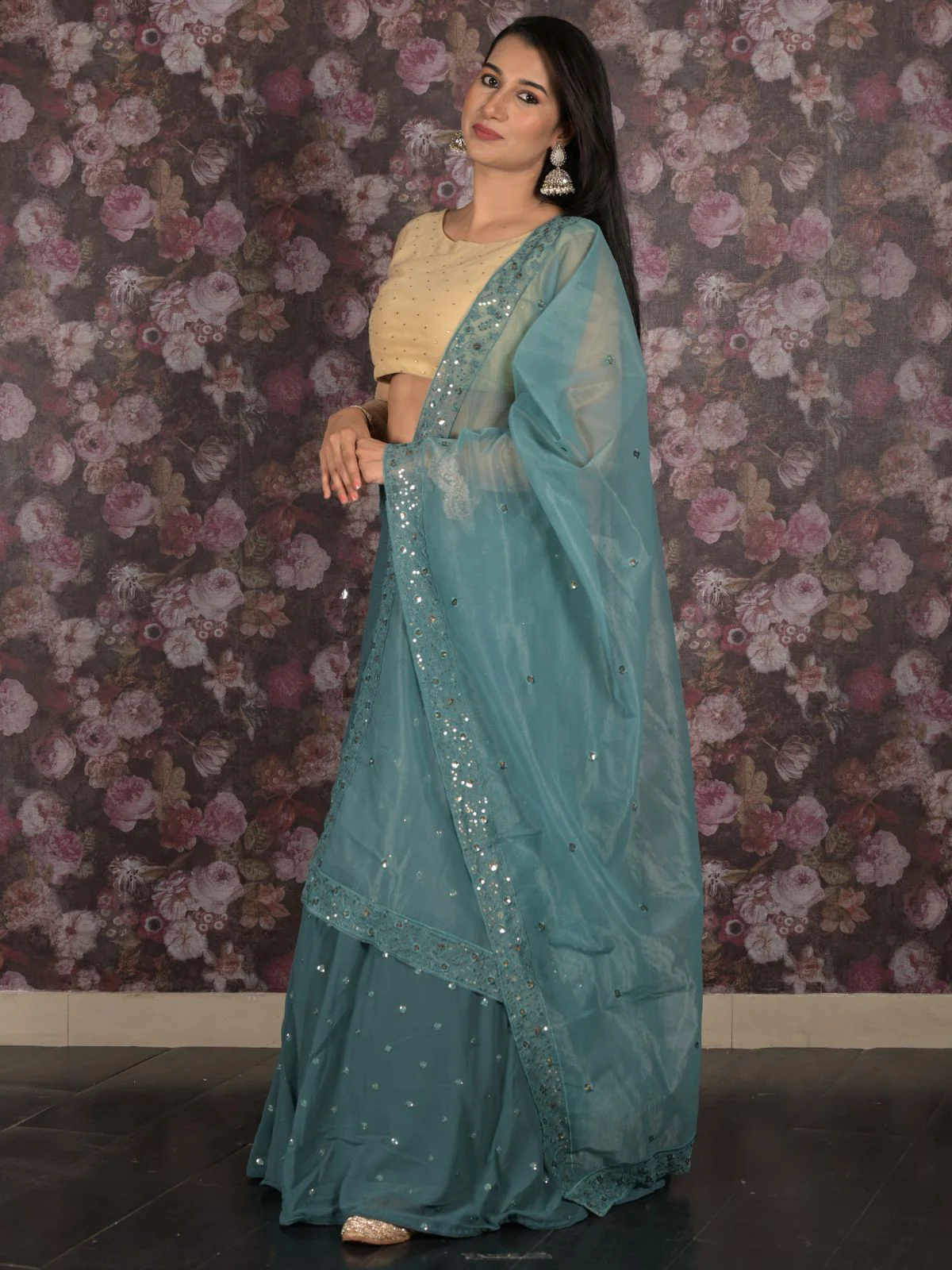 Odette Teal Embroidered Semi Stitched Georgette Lehenga Set With Dupatta And Unstitched Blouse For Women - Image 3