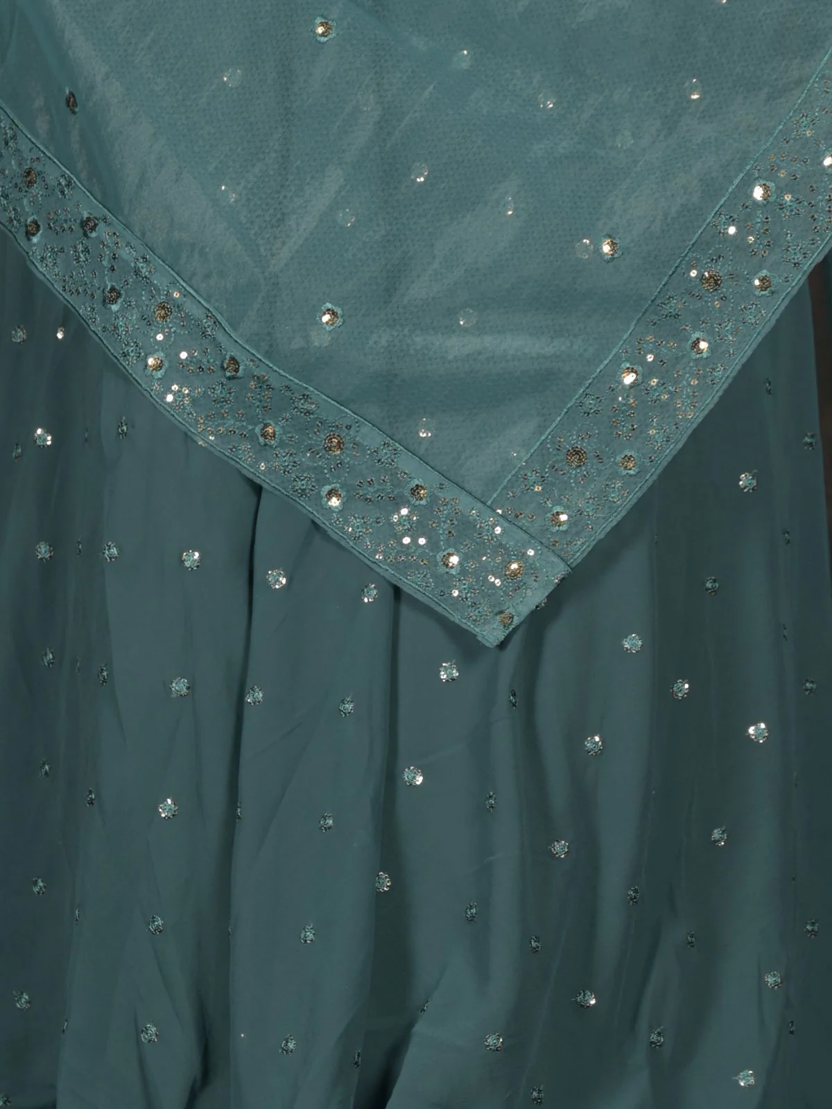 Odette Teal Embroidered Semi Stitched Georgette Lehenga Set With Dupatta And Unstitched Blouse For Women - Image 5