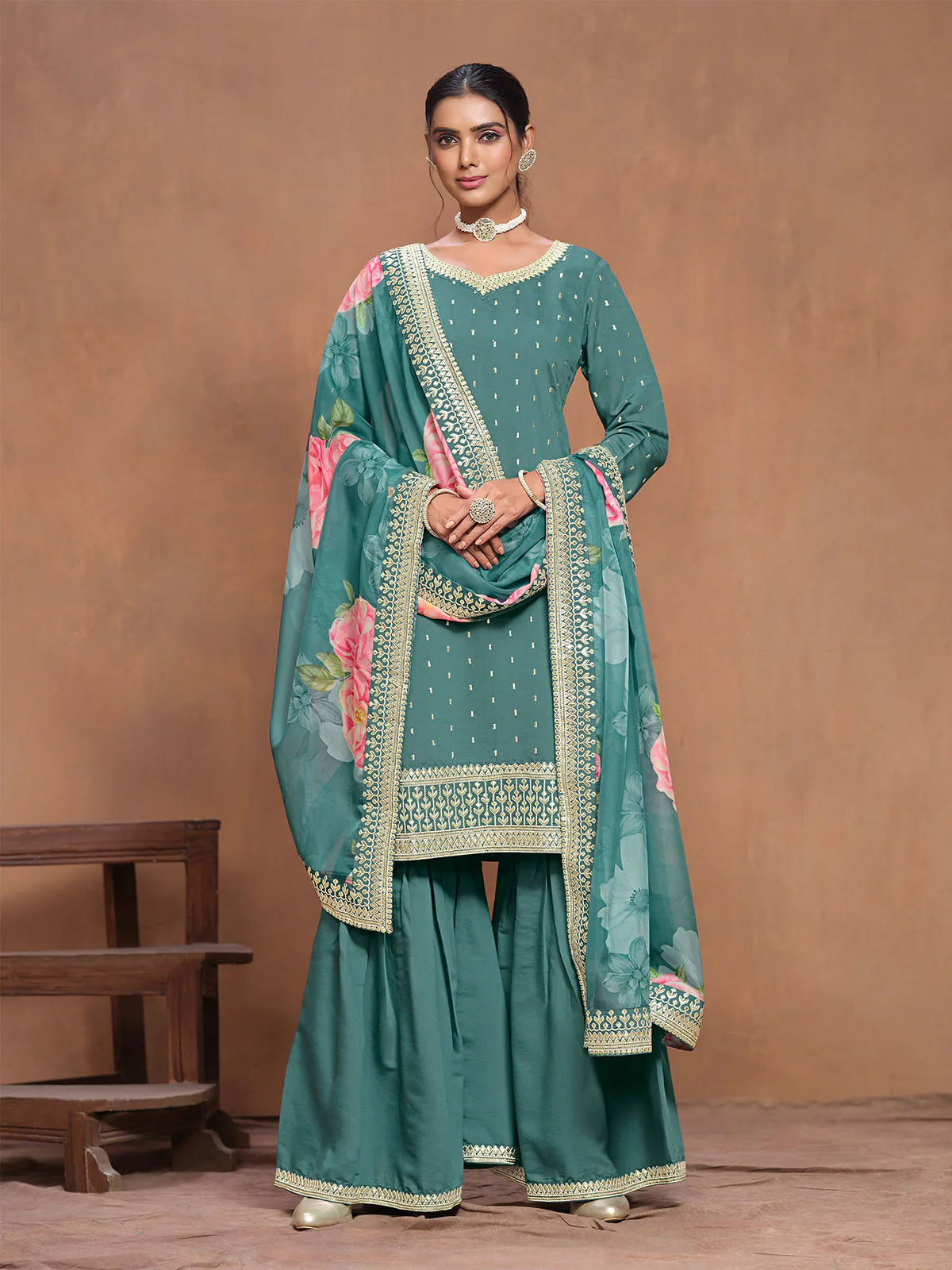 Odette Teal Embroidered Silk Blend Semi Stitched Kurta Set For Women - Image 2