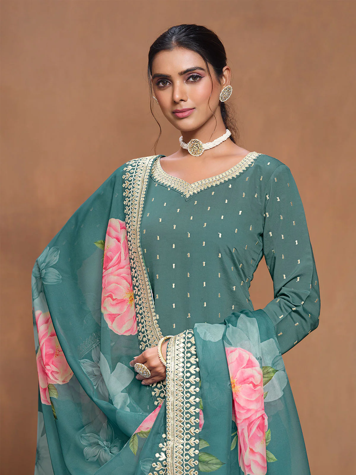 Odette Teal Embroidered Silk Blend Semi Stitched Kurta Set For Women - Image 4