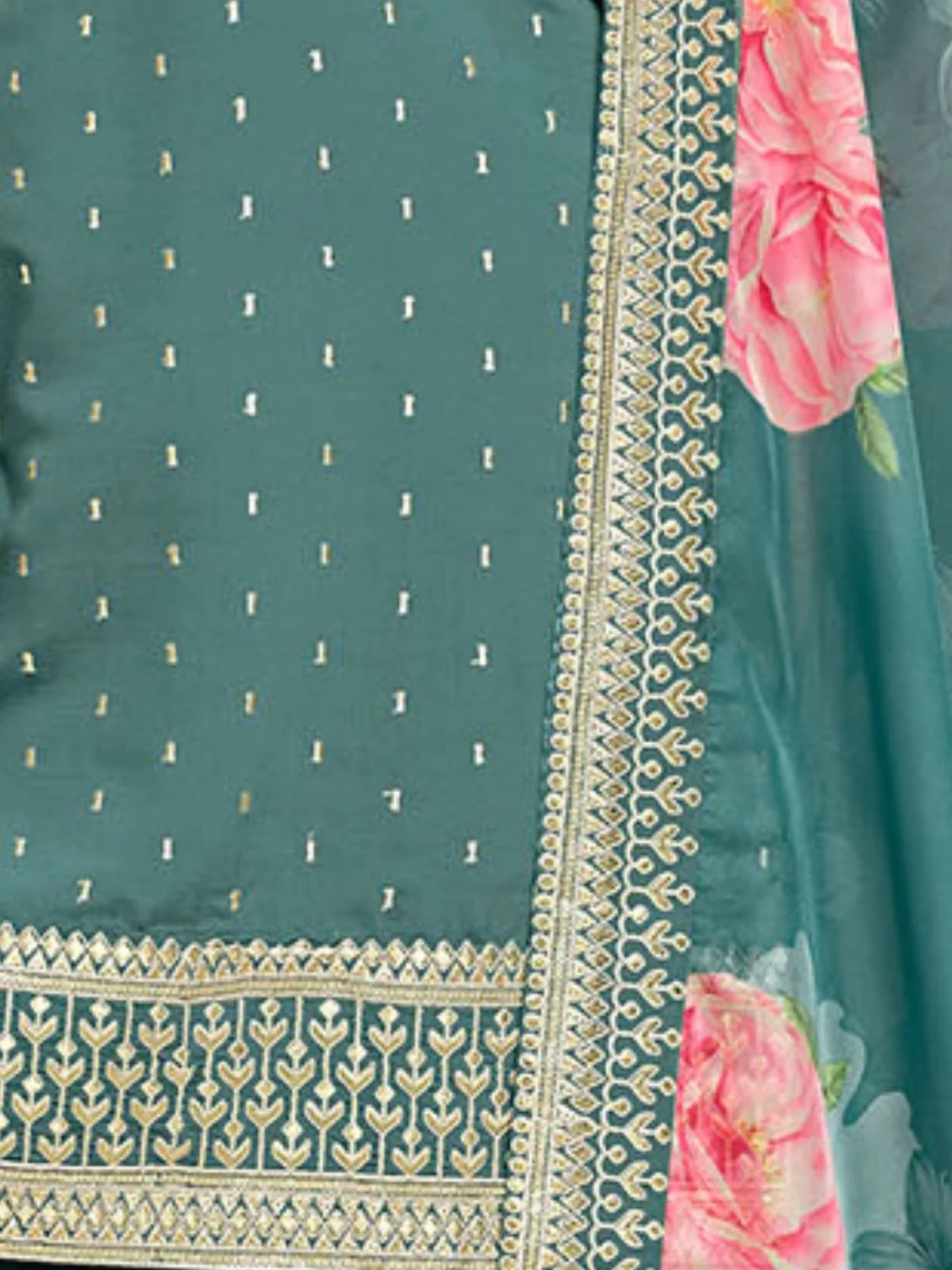 Odette Teal Embroidered Silk Blend Semi Stitched Kurta Set For Women - Image 5