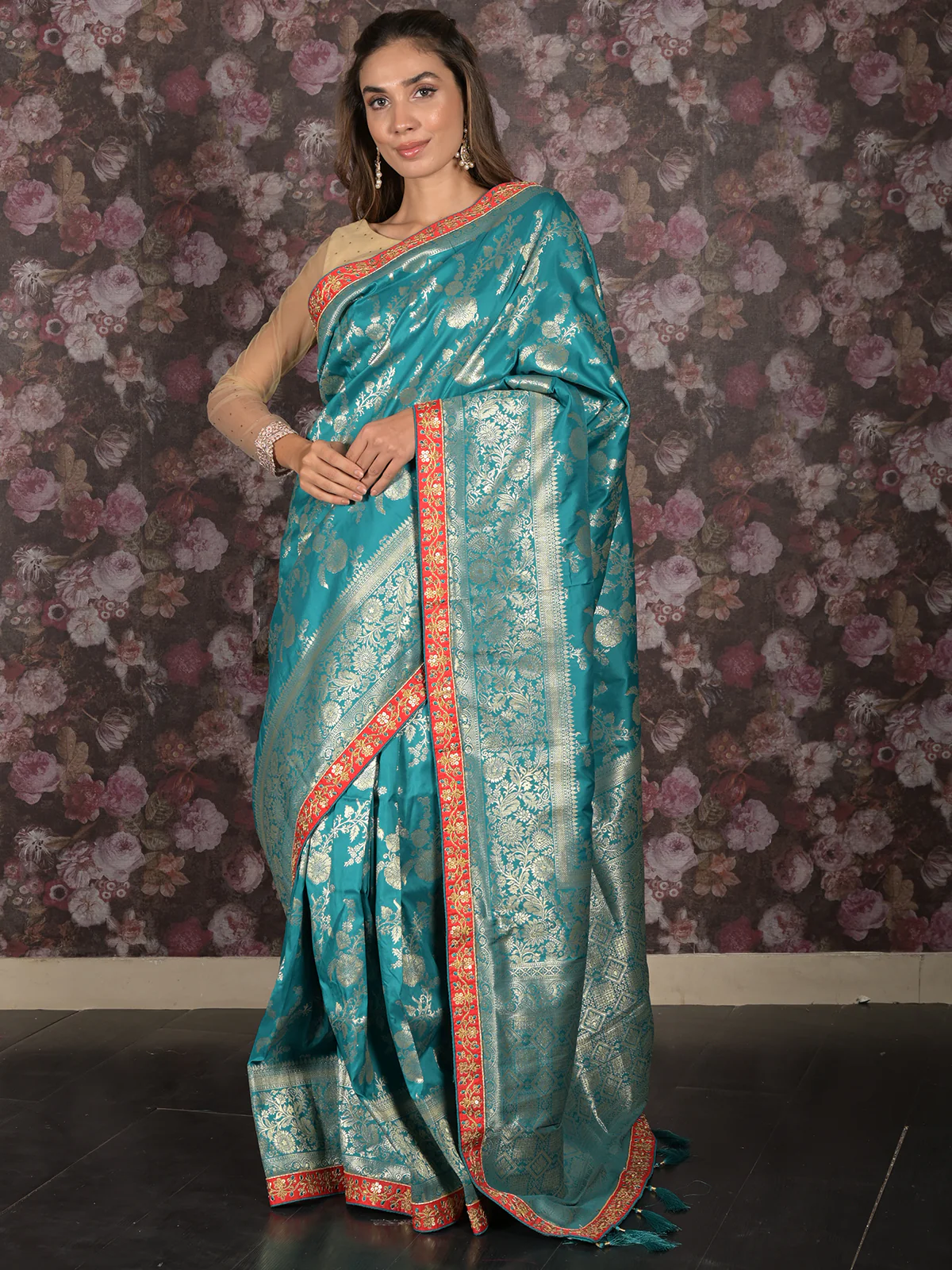 Odette Teal Ethnic Banarasi Silk Saree with Unstitched Blouse for Women - Image 5