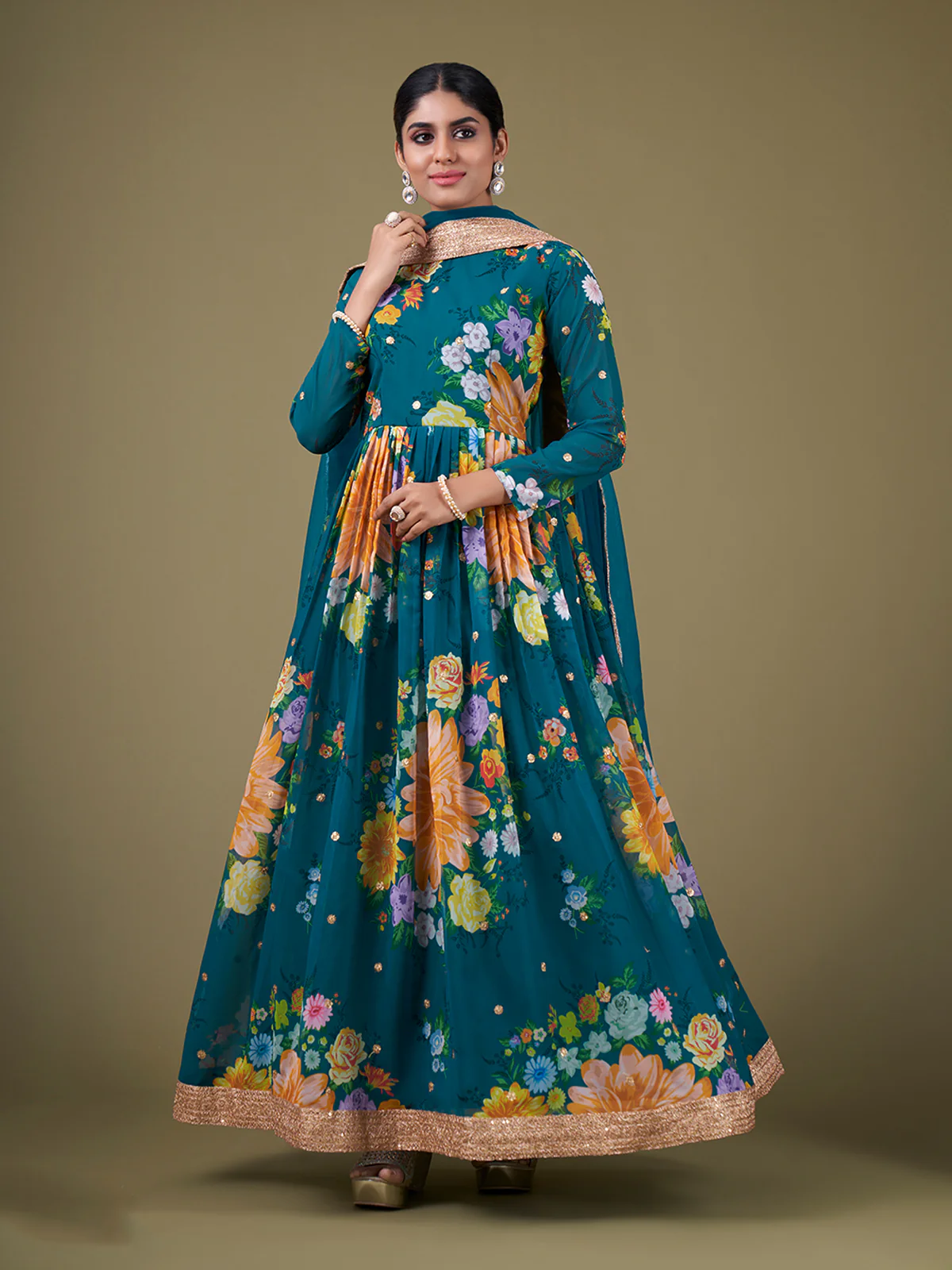 Odette Teal Faux Georgette Printed Semi Stitched Anarkali Kurta Set For Women - Image 2