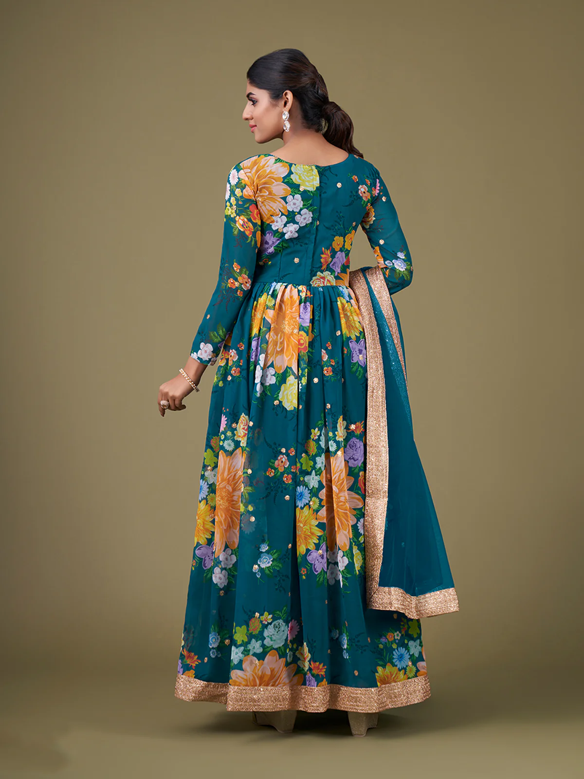 Odette Teal Faux Georgette Printed Semi Stitched Anarkali Kurta Set For Women - Image 3