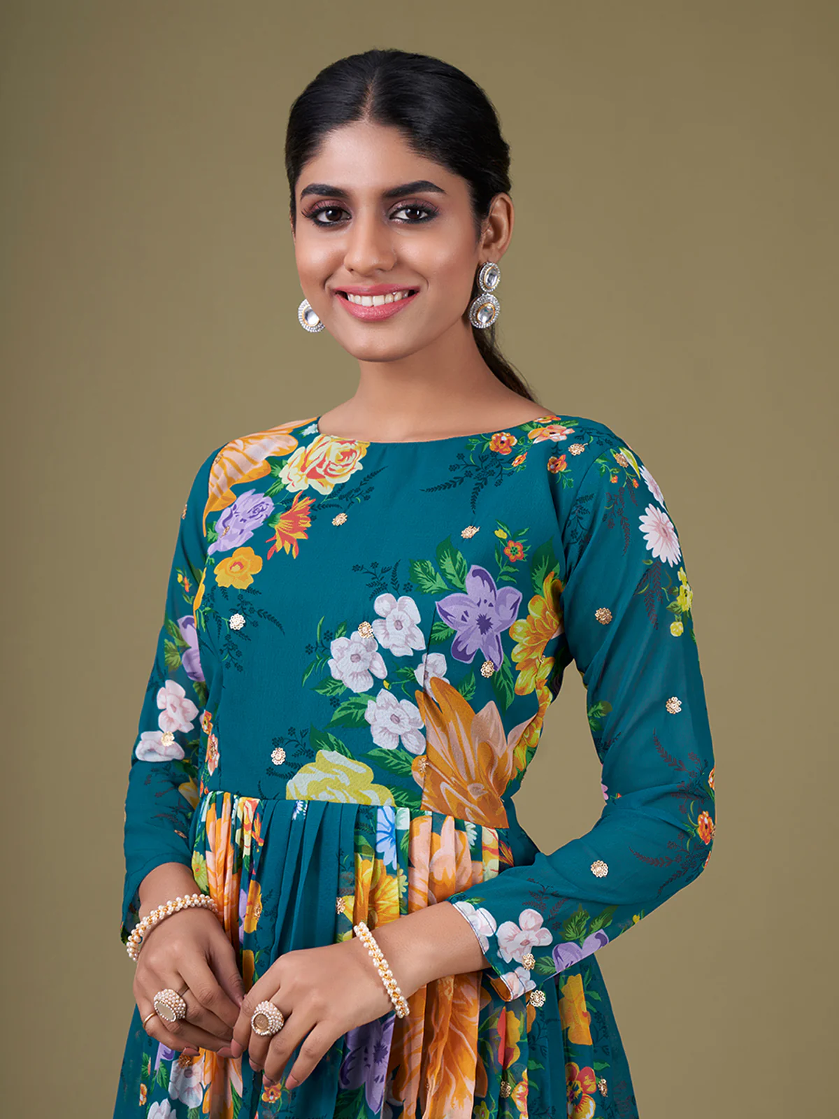 Odette Teal Faux Georgette Printed Semi Stitched Anarkali Kurta Set For Women - Image 5