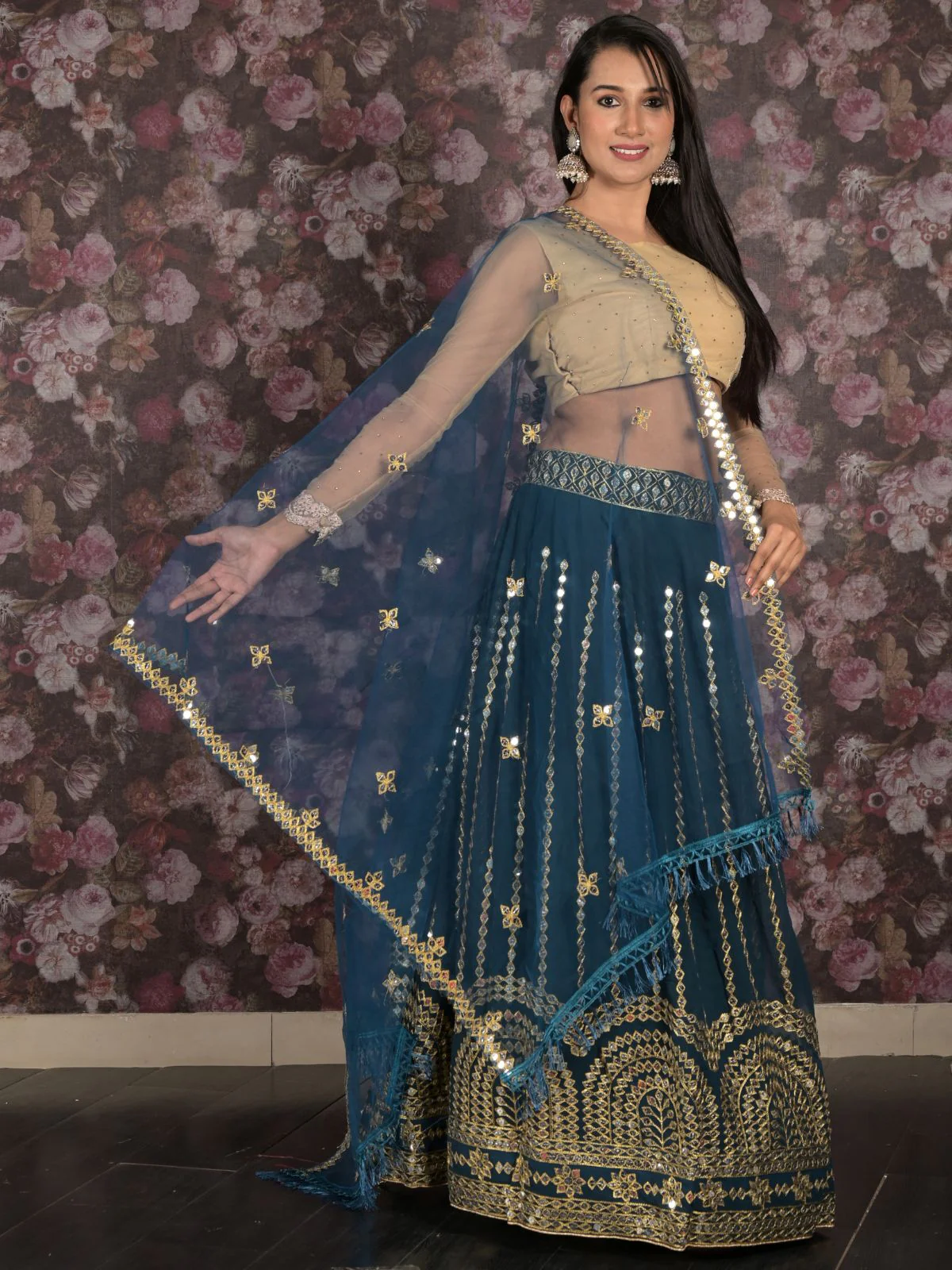 Odette Teal Faux Mirror Embroidered Georgette Semi-Stitched Lehenga with Unstitched Blouse for Women - Image 3