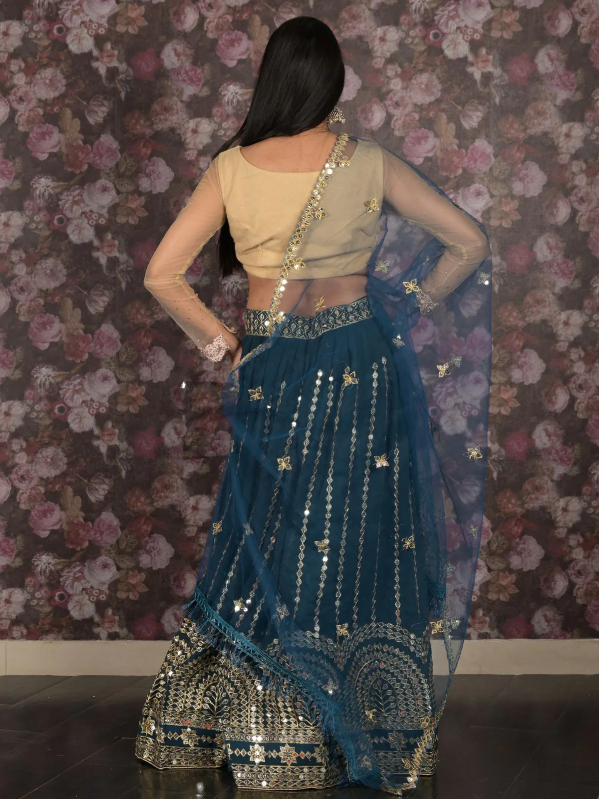 Odette Teal Faux Mirror Embroidered Georgette Semi-Stitched Lehenga with Unstitched Blouse for Women - Image 4