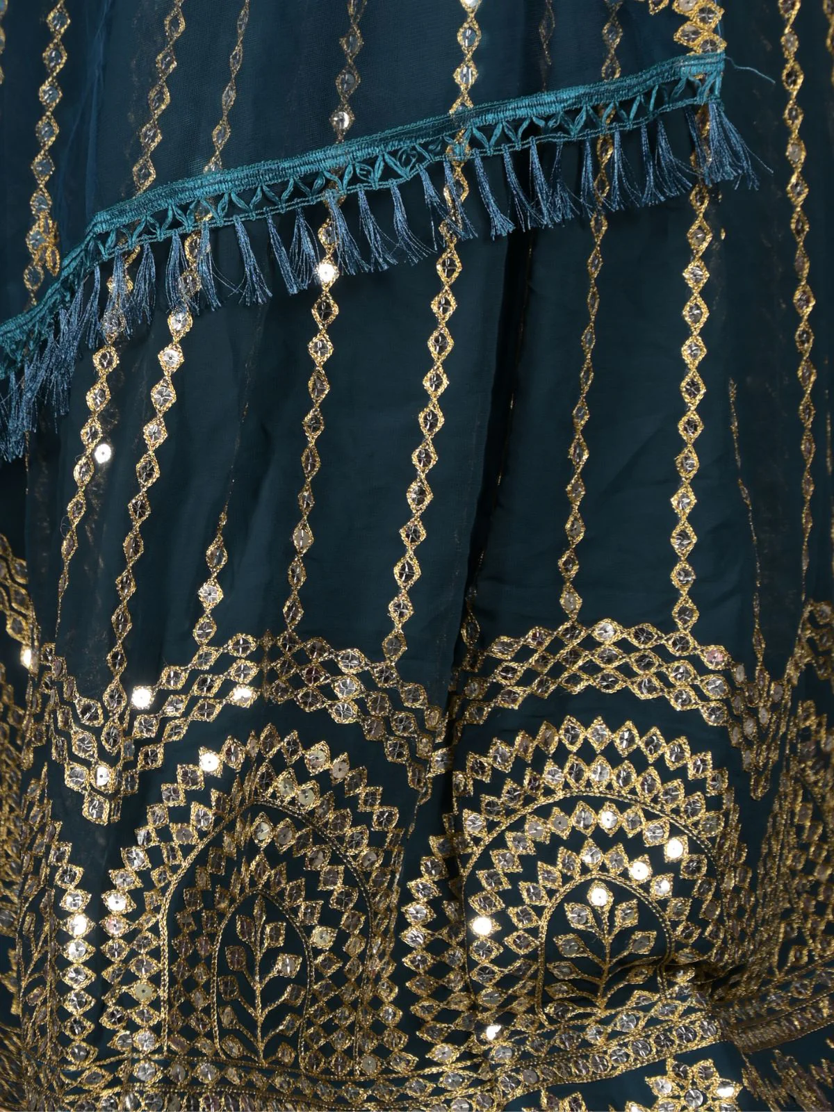 Odette Teal Faux Mirror Embroidered Georgette Semi-Stitched Lehenga with Unstitched Blouse for Women - Image 5