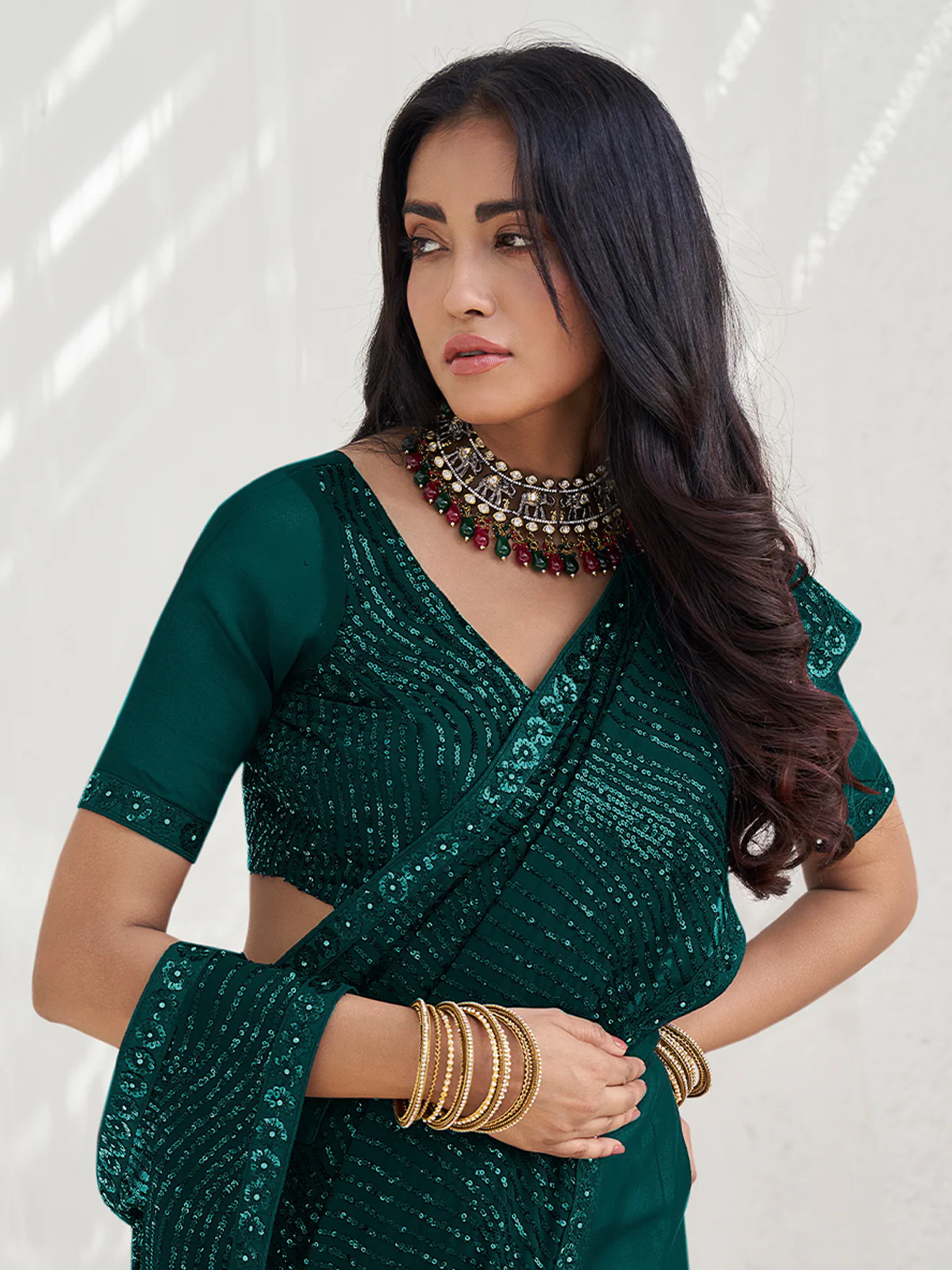 Odette Green Georgette Embellished  Saree with Unstitched Blouse For Women - Image 2