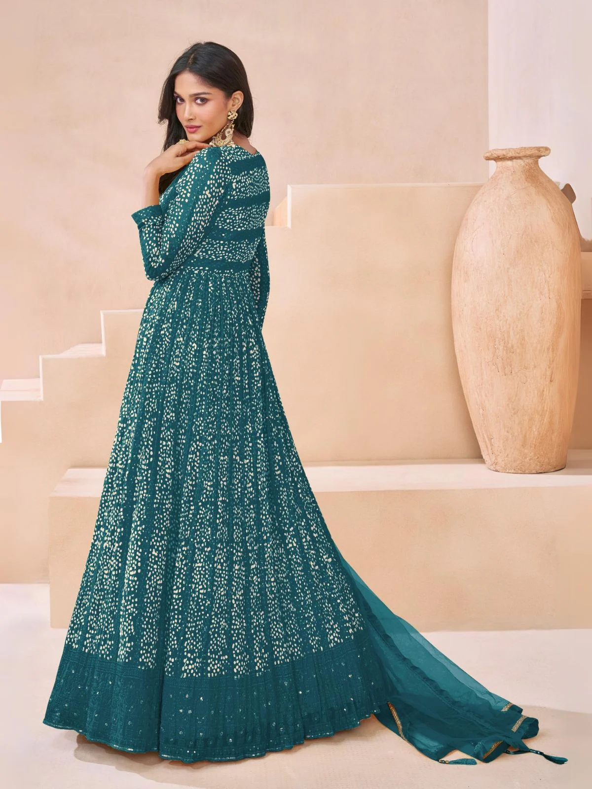 Odette Teal Georgette Embellished Semi Stitched Kurta Set For Women - Image 2