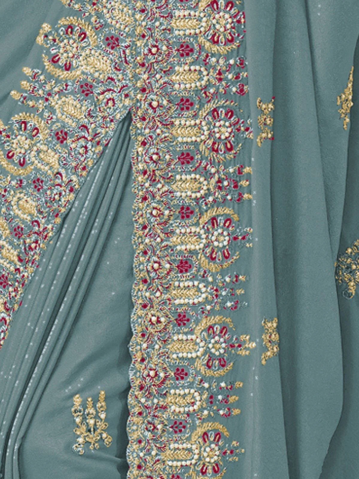 Odette Teal Georgette Embroidered Elegant Saree For Women - Image 3