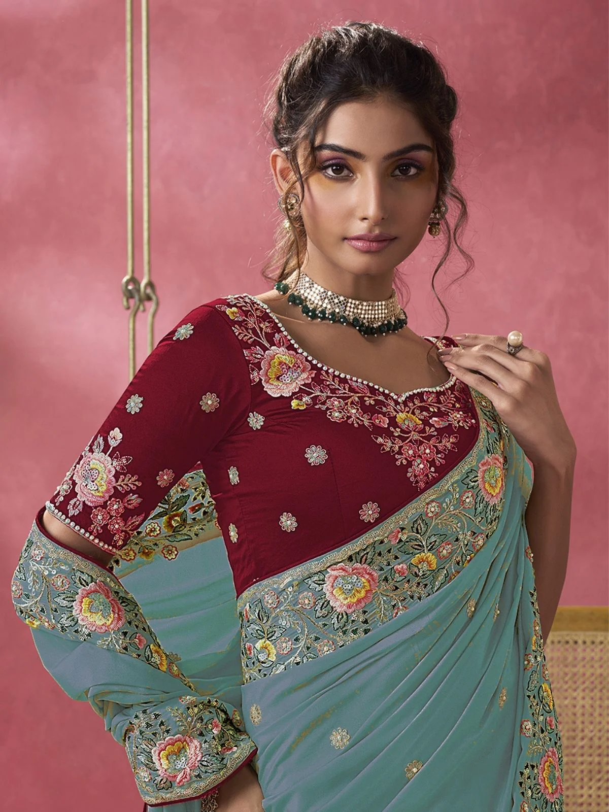 Odette Teal Georgette Embroidered Elegant Saree For Women - Image 2
