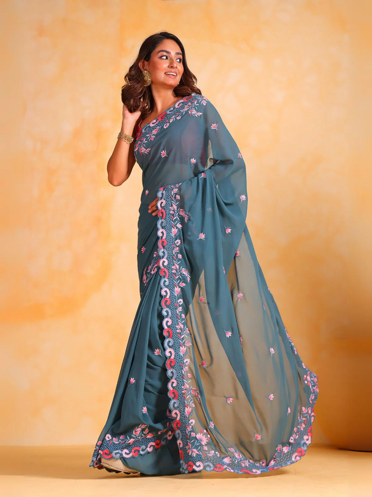Odette Teal  Georgette Embroidered Saree With Unstitched Blouse For Women - Image 2