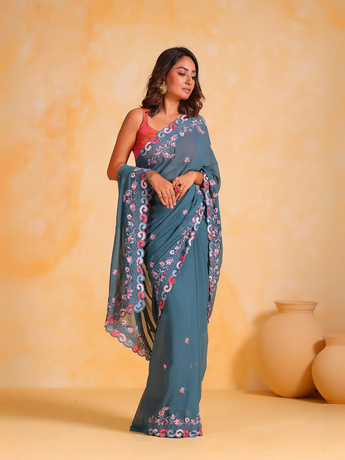 Odette Teal  Georgette Embroidered Saree With Unstitched Blouse For Women - Image 3