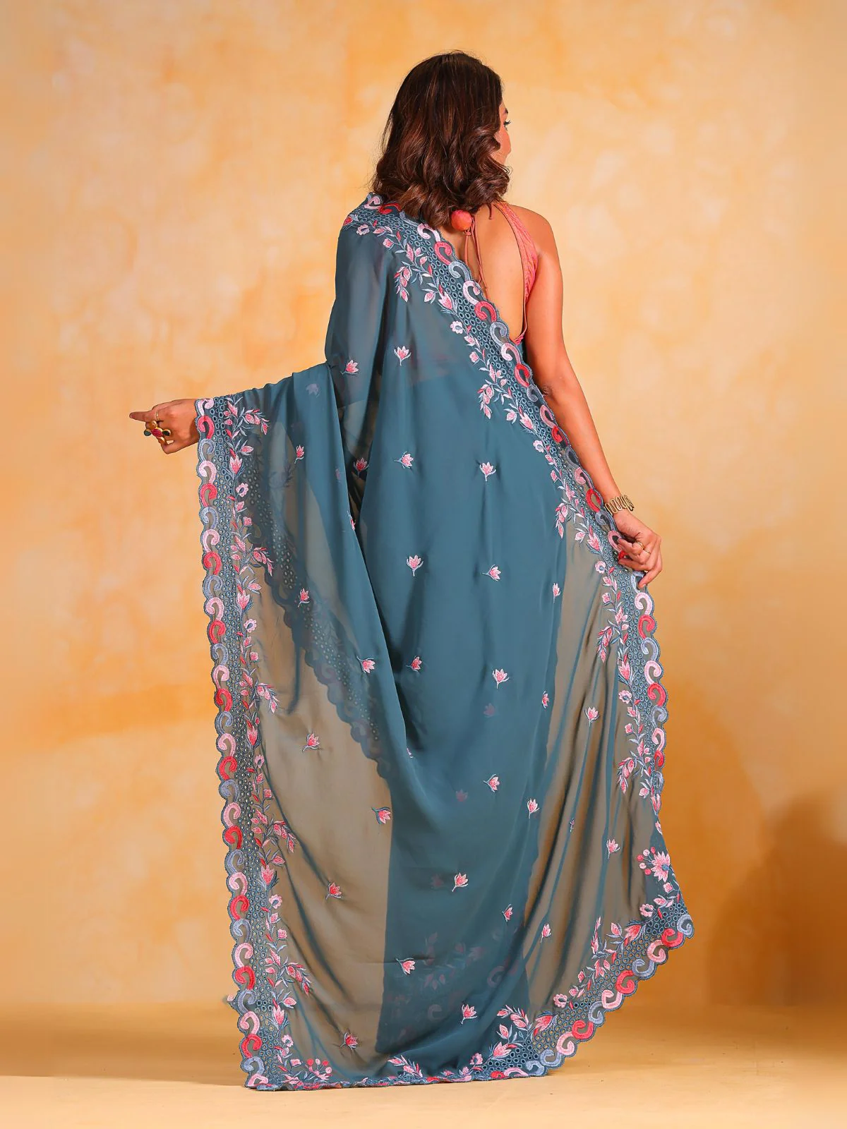 Odette Teal  Georgette Embroidered Saree With Unstitched Blouse For Women - Image 4