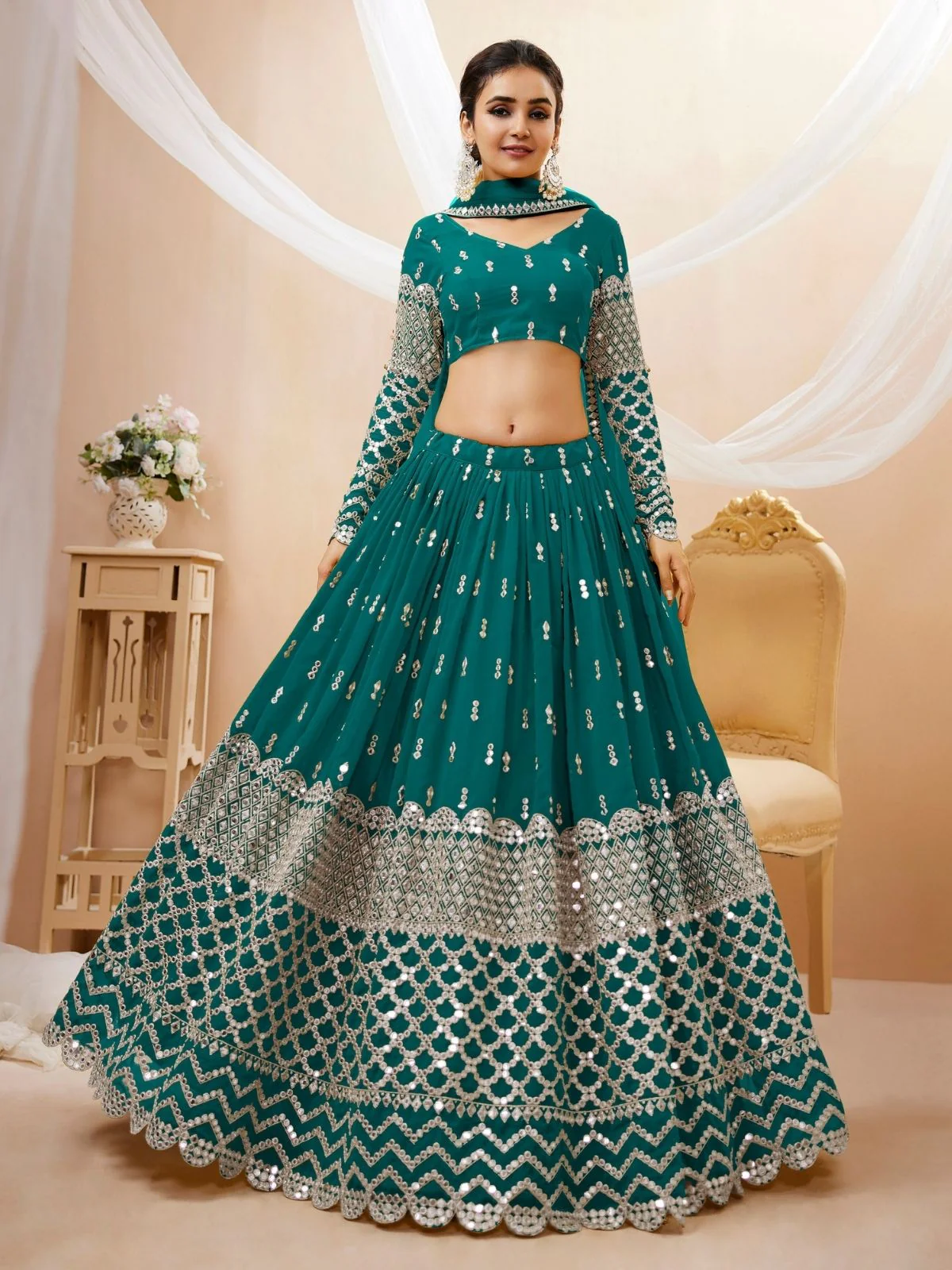 Odette Teal Georgette Embroidered Semi Stitched Lehenga With Unstitched Blouse For Women - Image 2
