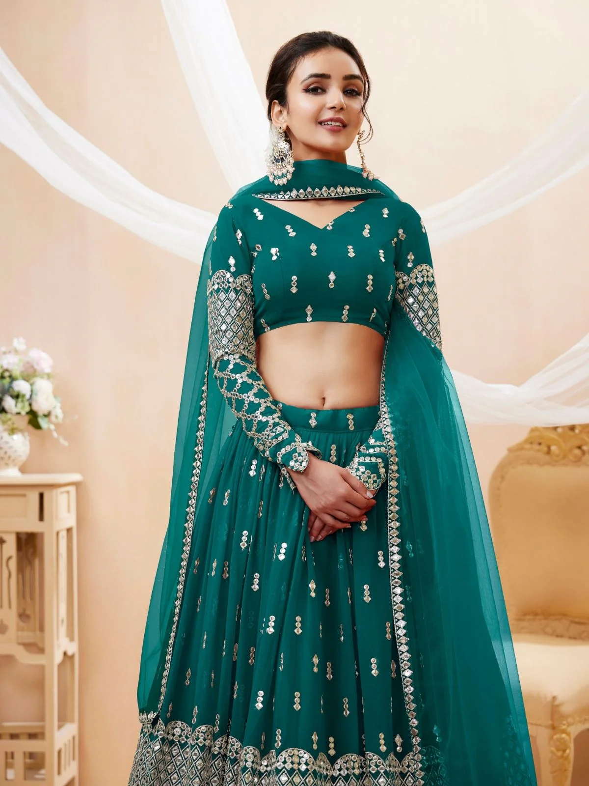 Odette Teal Georgette Embroidered Semi Stitched Lehenga With Unstitched Blouse For Women - Image 4
