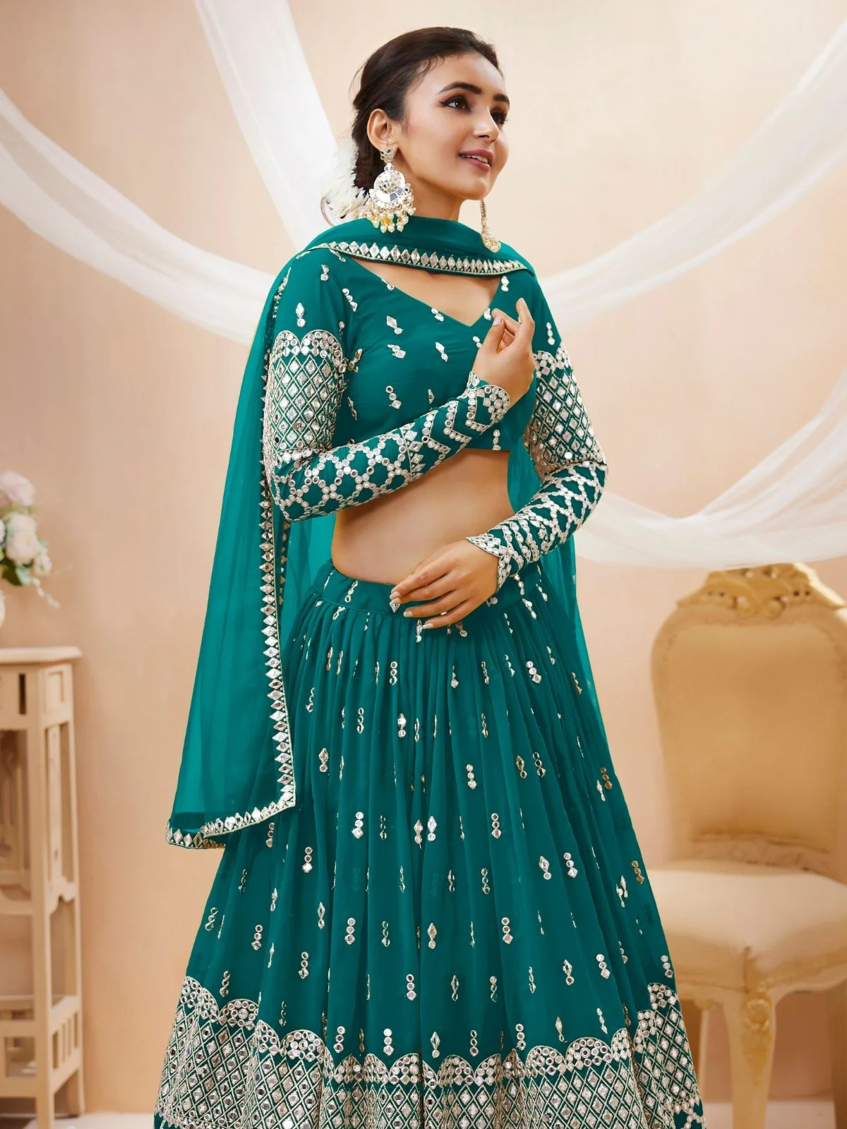 Odette Teal Georgette Embroidered Semi Stitched Lehenga With Unstitched Blouse For Women - Image 5