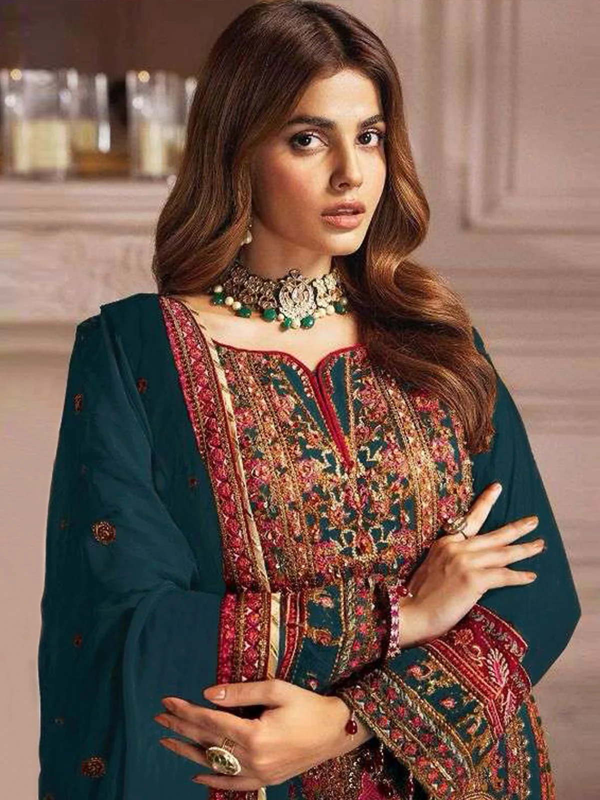 Odette Teal Georgette Embroidered Semi Stitched Salwar Suit For Women - Image 2