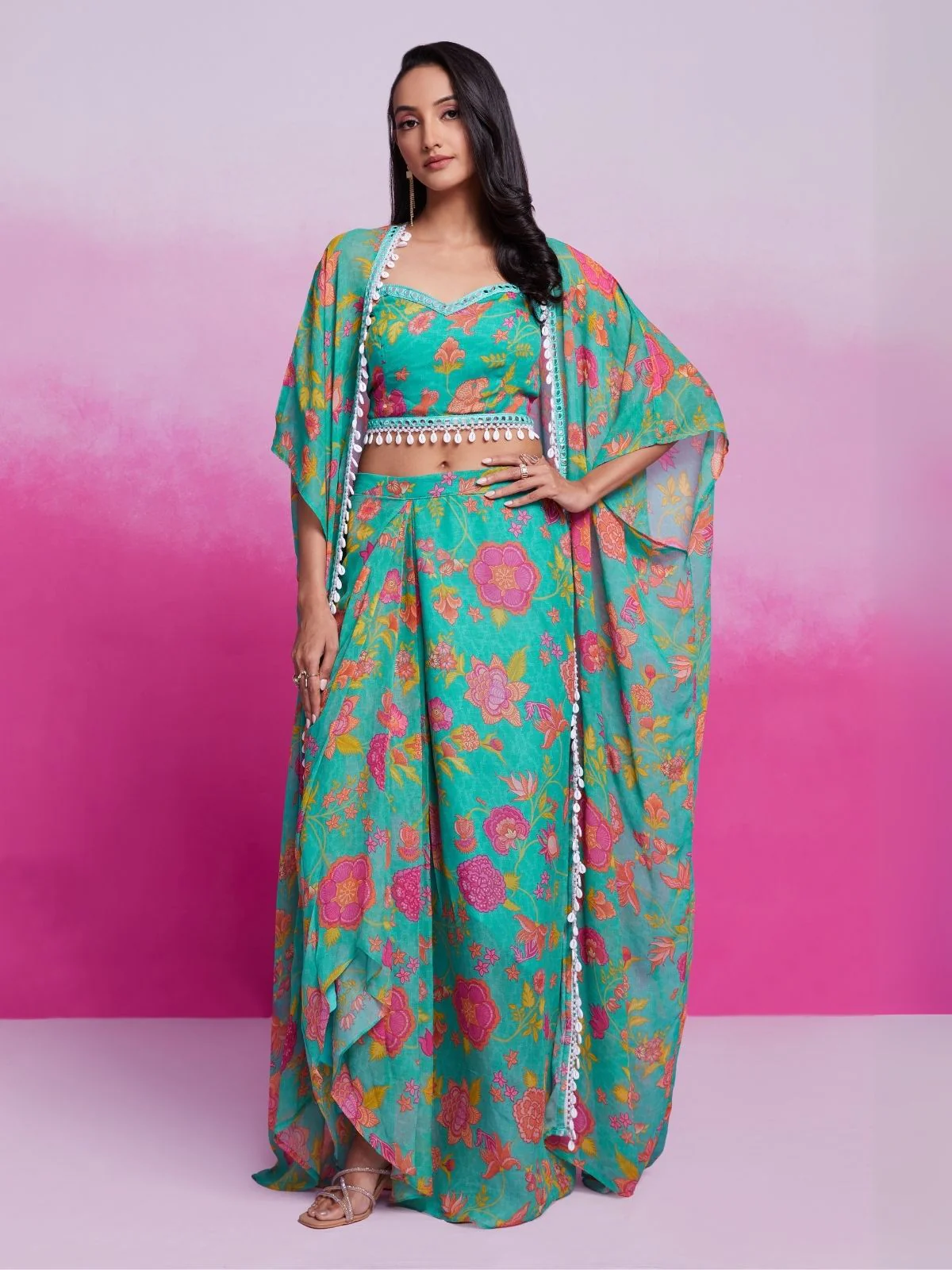 Odette Teal Georgette Printed Stitched Co-Ord Set For Women - Image 3