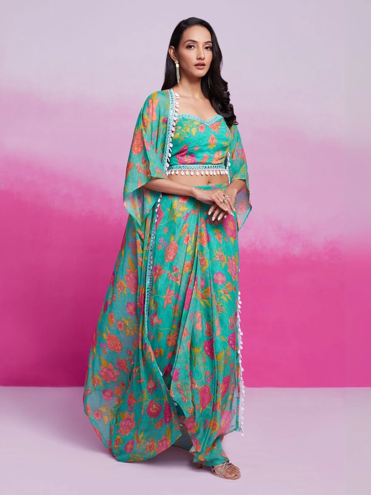 Odette Teal Georgette Printed Stitched Co-Ord Set For Women - Image 4