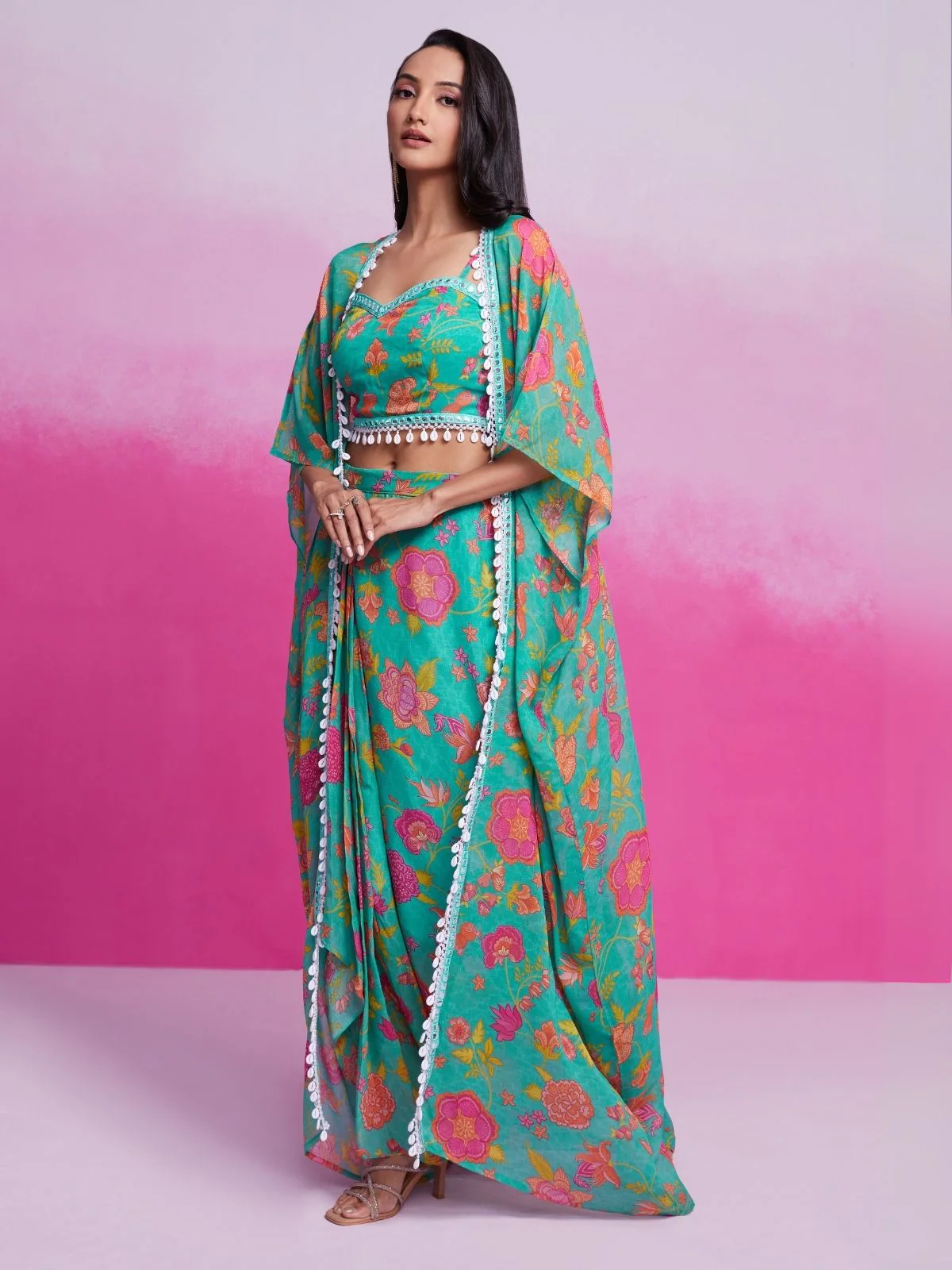 Odette Teal Georgette Printed Stitched Co-Ord Set For Women - Image 5
